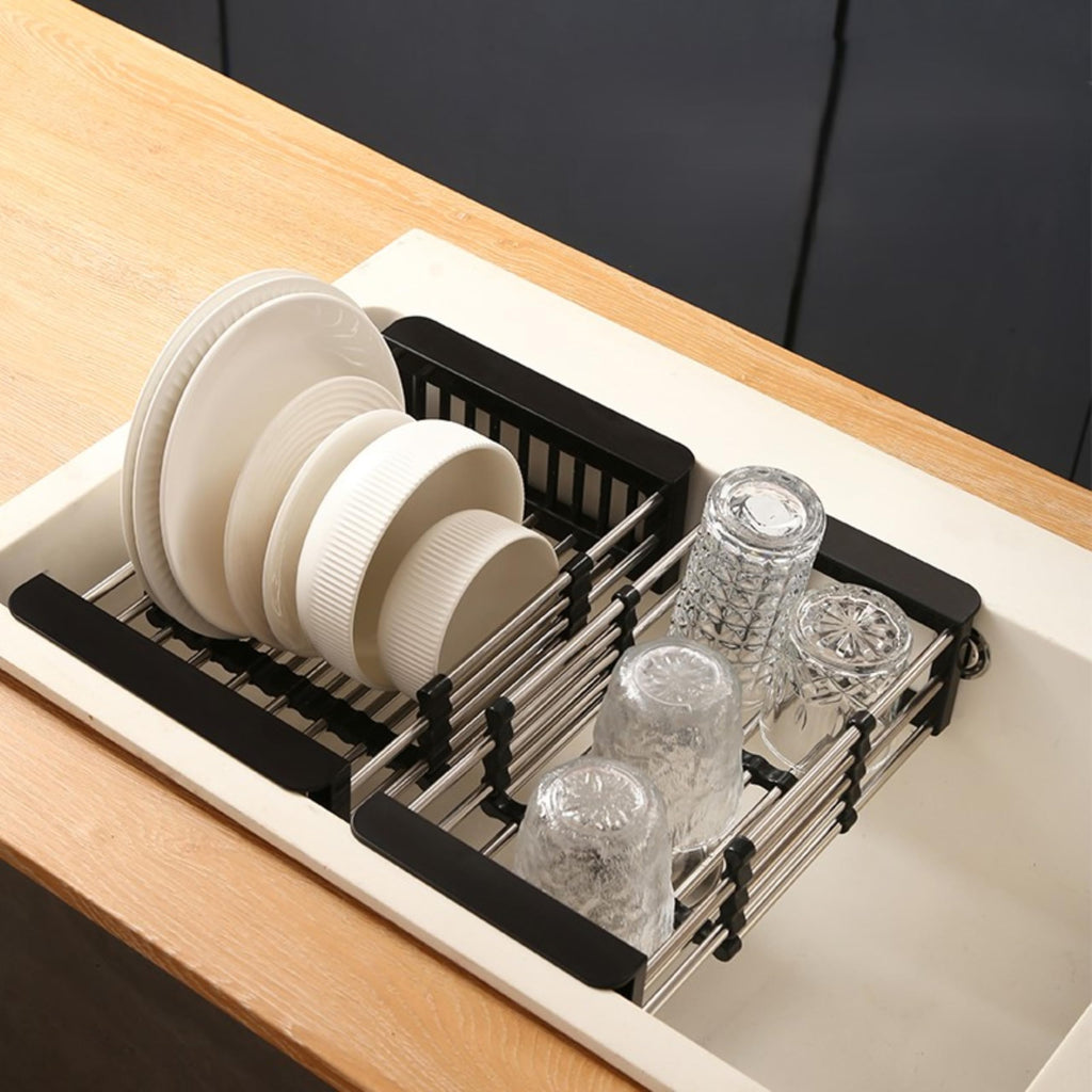 Over-Sink Dish Drying Rack, Expandable Stainless Steel, Non-Slip Kitchen Drainer