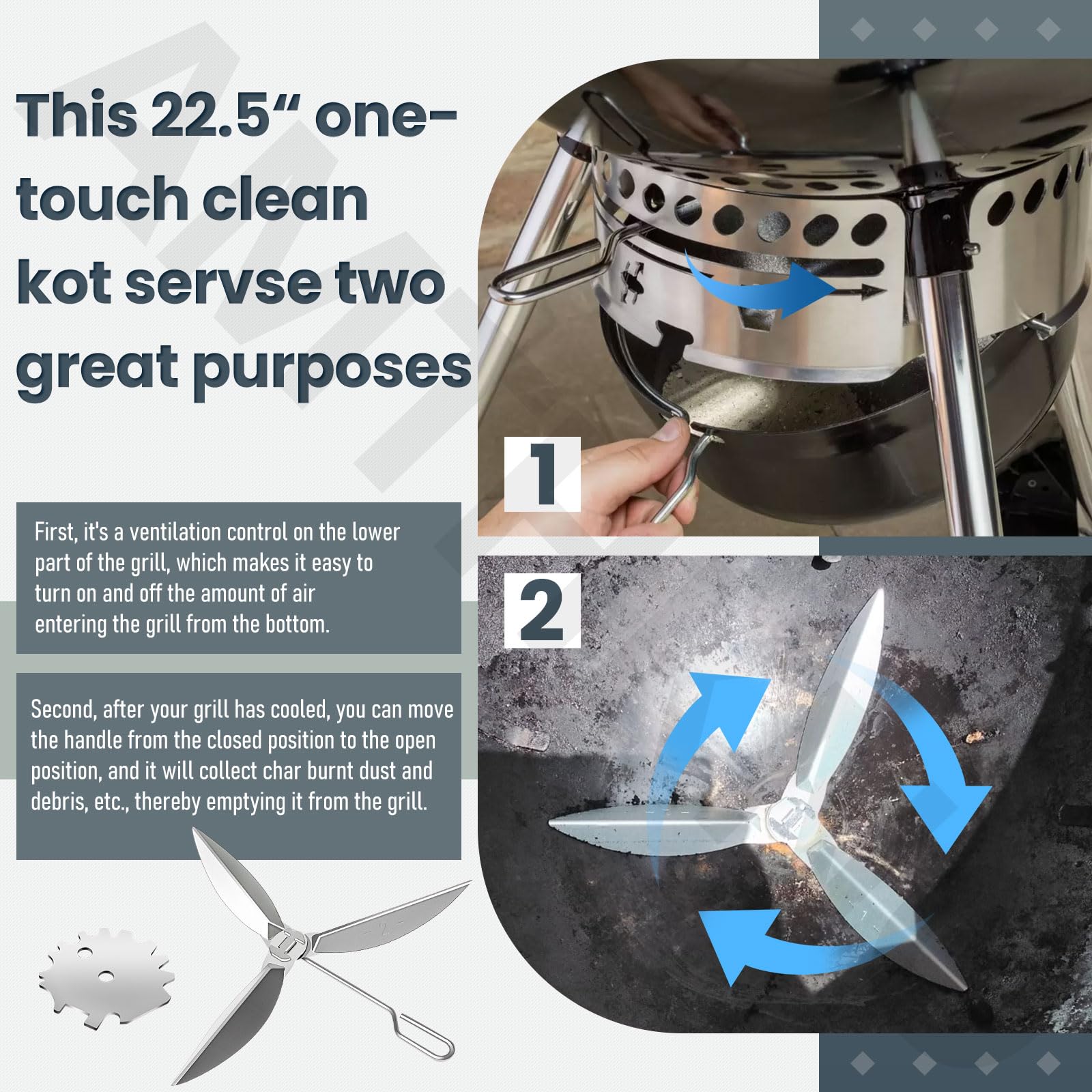 22-1/2-Inch One-Touch Cleaning System Kit, 7444 Replacement Parts-Grill Damper for Weber Grill, Also for Master-Touch Series, Performer Series, and Original Kettle Series 22" Charcoal Grills, Silver