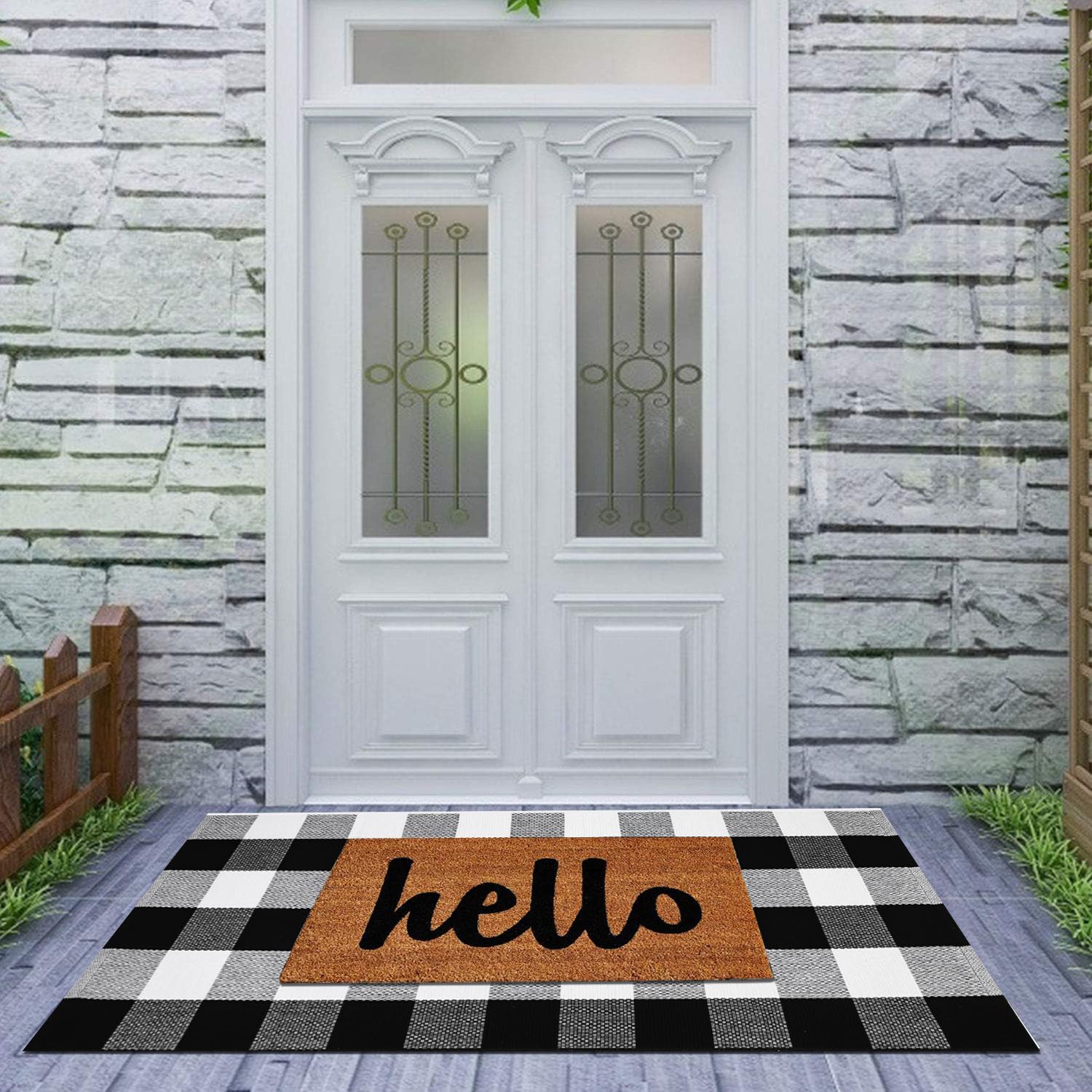 Cekene Buffalo Plaid Outdoor Checkered Rug 2x4.2ft Buffalo Plaid Rug Cotton Woven Washable Front Door Mat Indoor Rugs for Entrance Front Porch Patio
