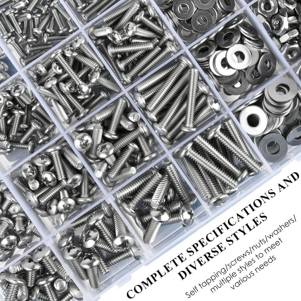 TIMESETL 720PCS SAE Machine Screw Assortment Kit, 10-24#8-32#6-32#4-40 304 Stainless Steel Phillips Pan Head Machine Screws and Nuts Bolts with Flat Washers Assortment Kit with Storage Case