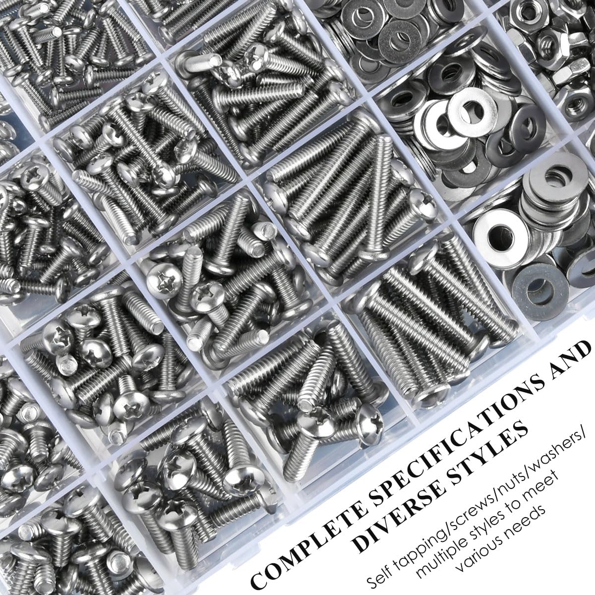 TIMESETL 720PCS SAE Machine Screw Assortment Kit, 10-24#8-32#6-32#4-40 304 Stainless Steel Phillips Pan Head Machine Screws and Nuts Bolts with Flat Washers Assortment Kit with Storage Case