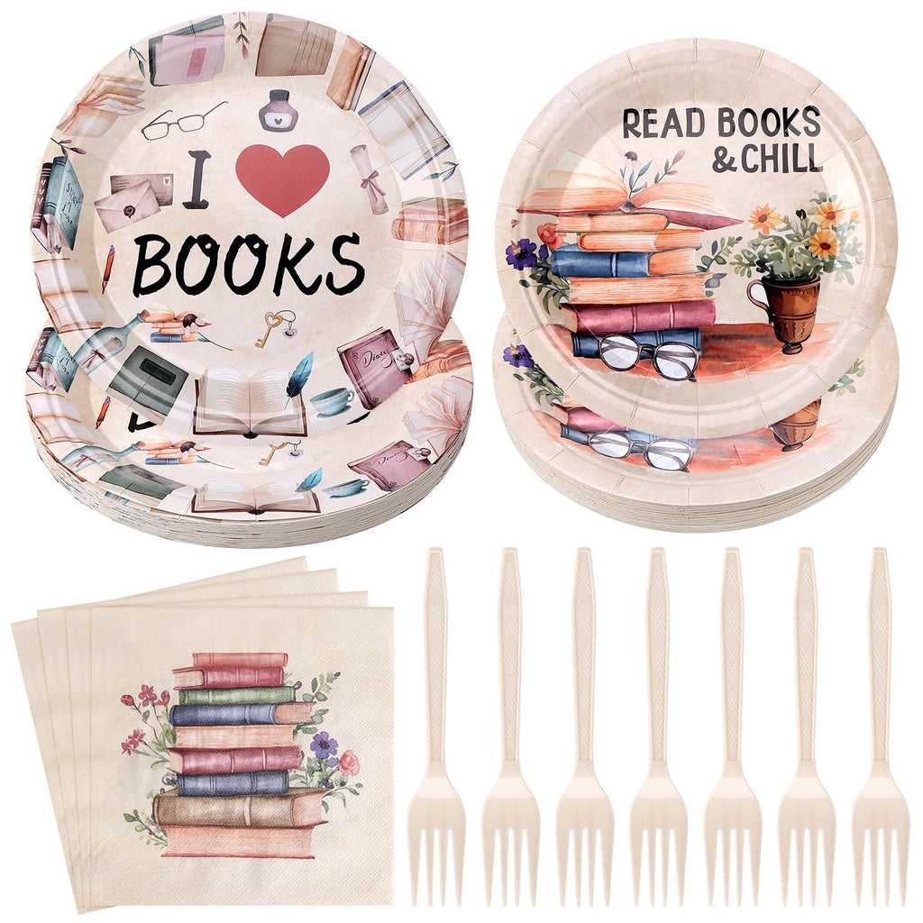96 Pcs Book Party Decorations Tableware Set Books Lover Gift Disposable Book Club Paper Plate Napkin Fork for Guest Library Reading Storybook Party Supplies Birthday Baby Shower Party Dinnerware Decor