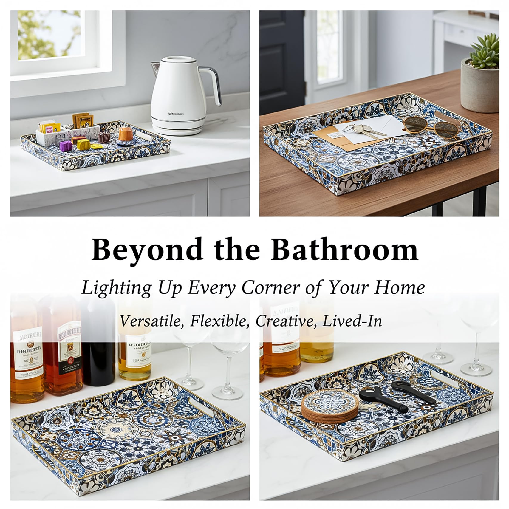 Hiceeden Set of 2 Decorative Serving Trays with Handles, Boho Tea Trays Ottoman Trays for Serving, Modern Plastic Coffee Table Tray for Living Room, Bathroom, Rectangle, Blue