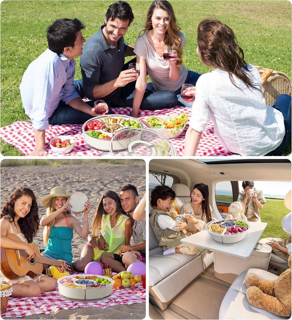 Snackle Box Container, Divided Serving Tray 360° Rotatable with Lid and Handle, Platter Round Portable Storage Organizer for Fruit, Candy, Veggie, Nuts, Spices& Snacks, Perfect for Party or Travel