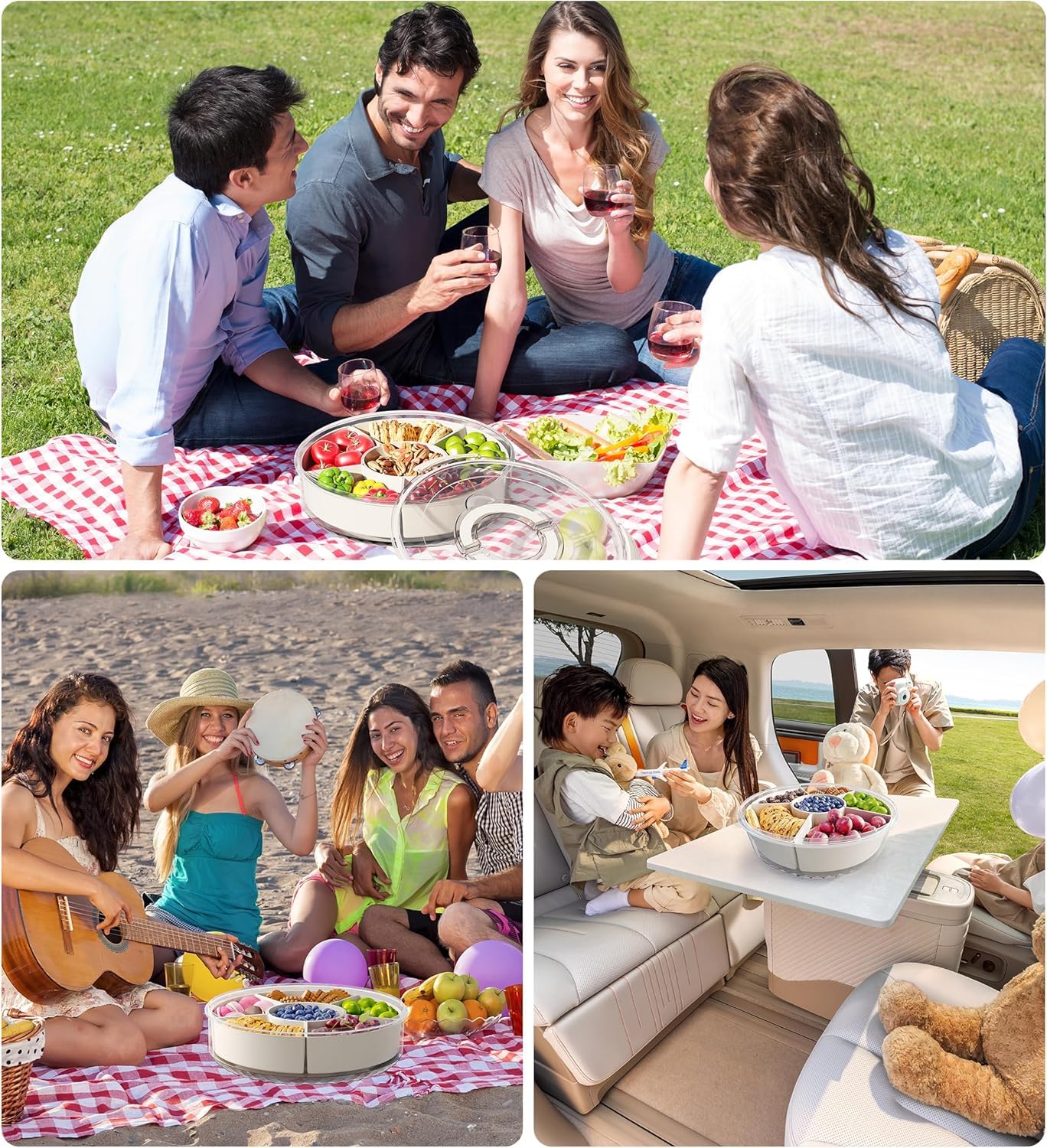 Snackle Box Container, Divided Serving Tray 360° Rotatable with Lid and Handle, Platter Round Portable Storage Organizer for Fruit, Candy, Veggie, Nuts, Spices& Snacks, Perfect for Party or Travel