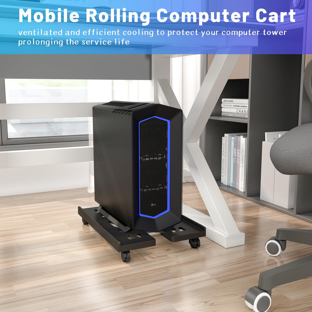 Computer Tower Stand, CPU Stand Adjustable Mobile Cart Holder, Desktop Stand with Rolling Locking Caster Wheels, PC Tower Stand Holder for Floor Carpet Gaming PC Case, Home Office - Black