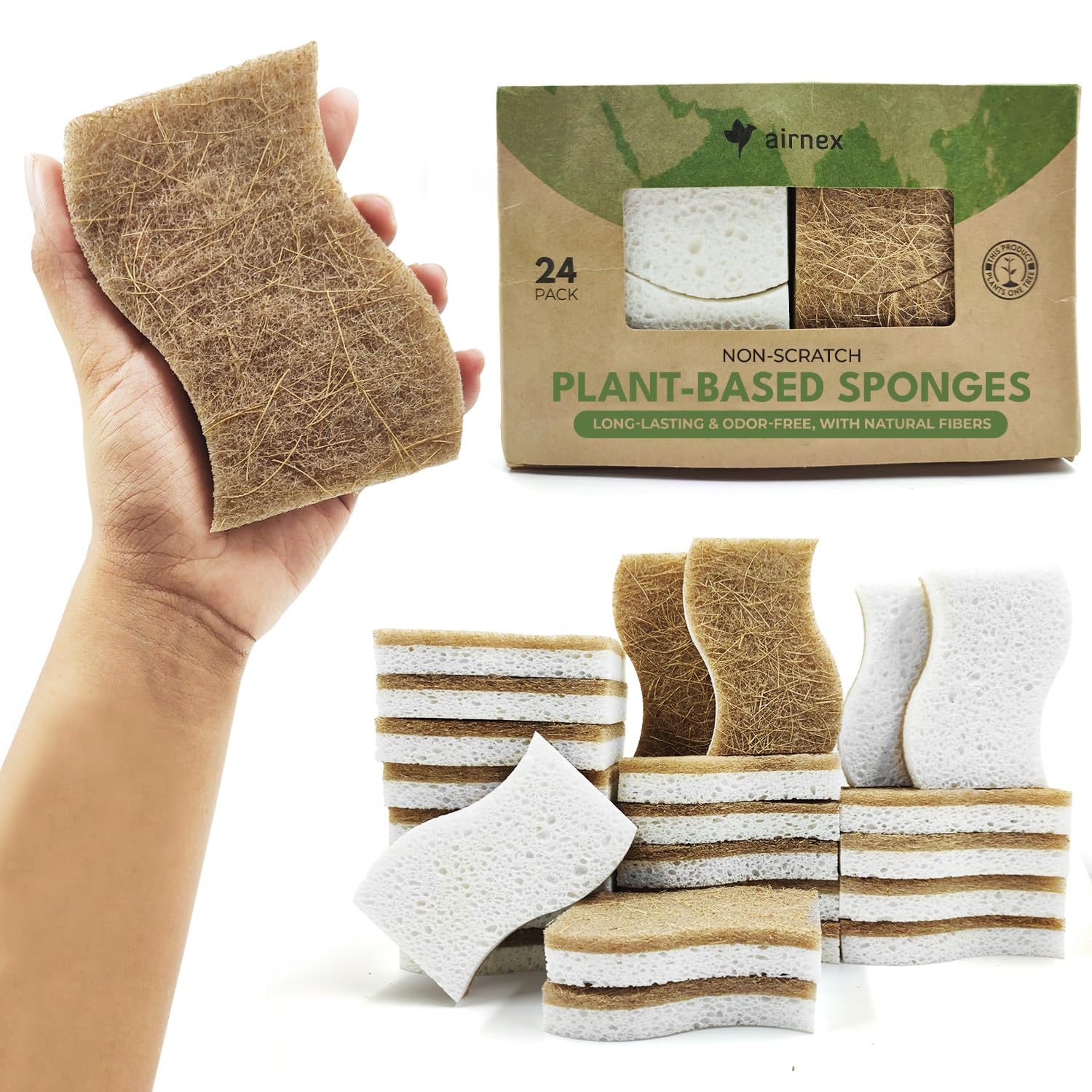 AIRNEX 24 Pack Natural Sponges for Dishes - Biodegradable Sponges for Kitchen - Plant Based Cellulose & Coconut Natural Dish Sponge - Non Toxic Eco Friendly Sponges, Non Scratch Kitchen Scrubber