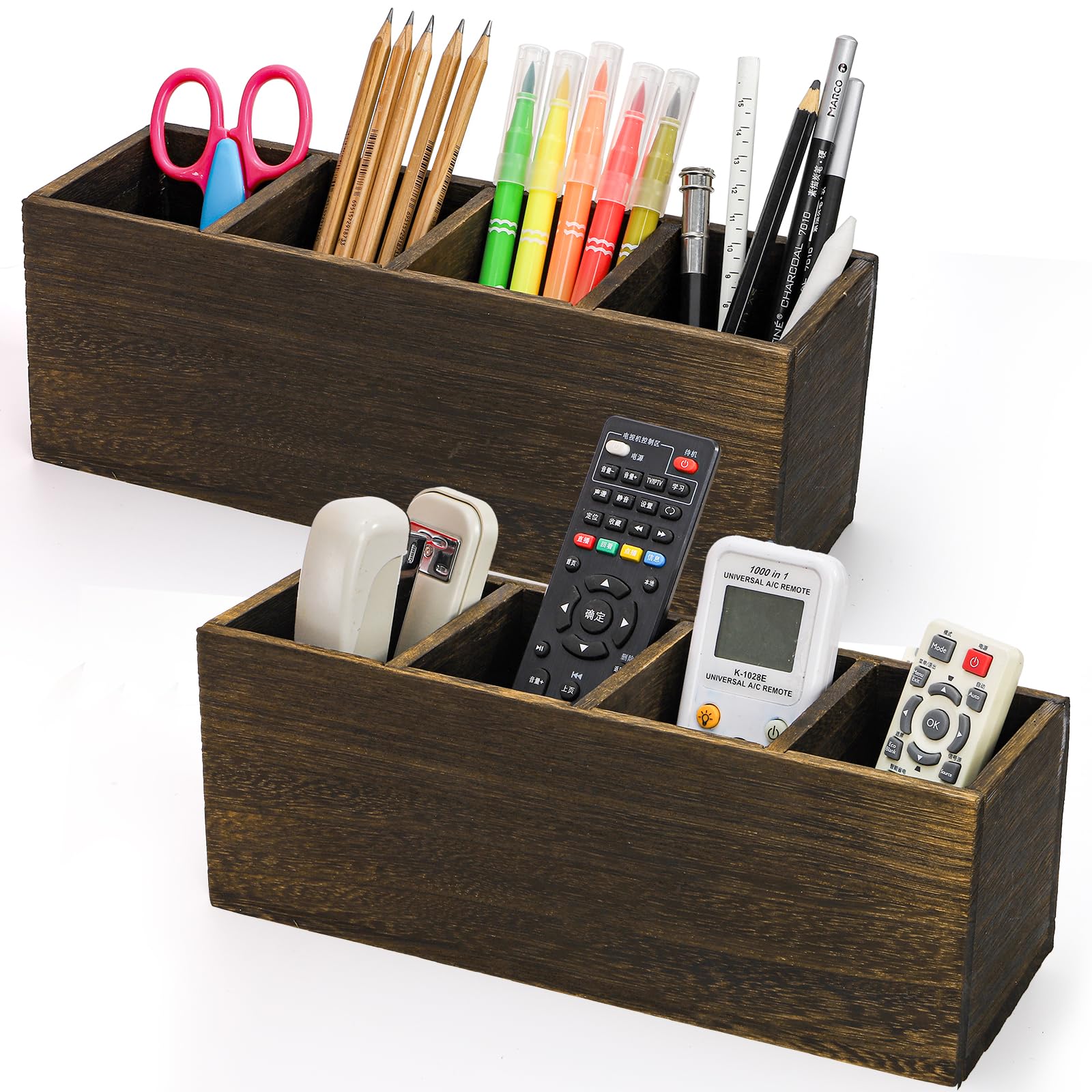 Dicunoy 2 Pack Wooden Pencil Holder for Desk, Rustic Wood Remote Control Holder Caddys, Retro Table Organizer with 4 Compartments for Art Supplies, Pen, Home, Office, School Classroom
