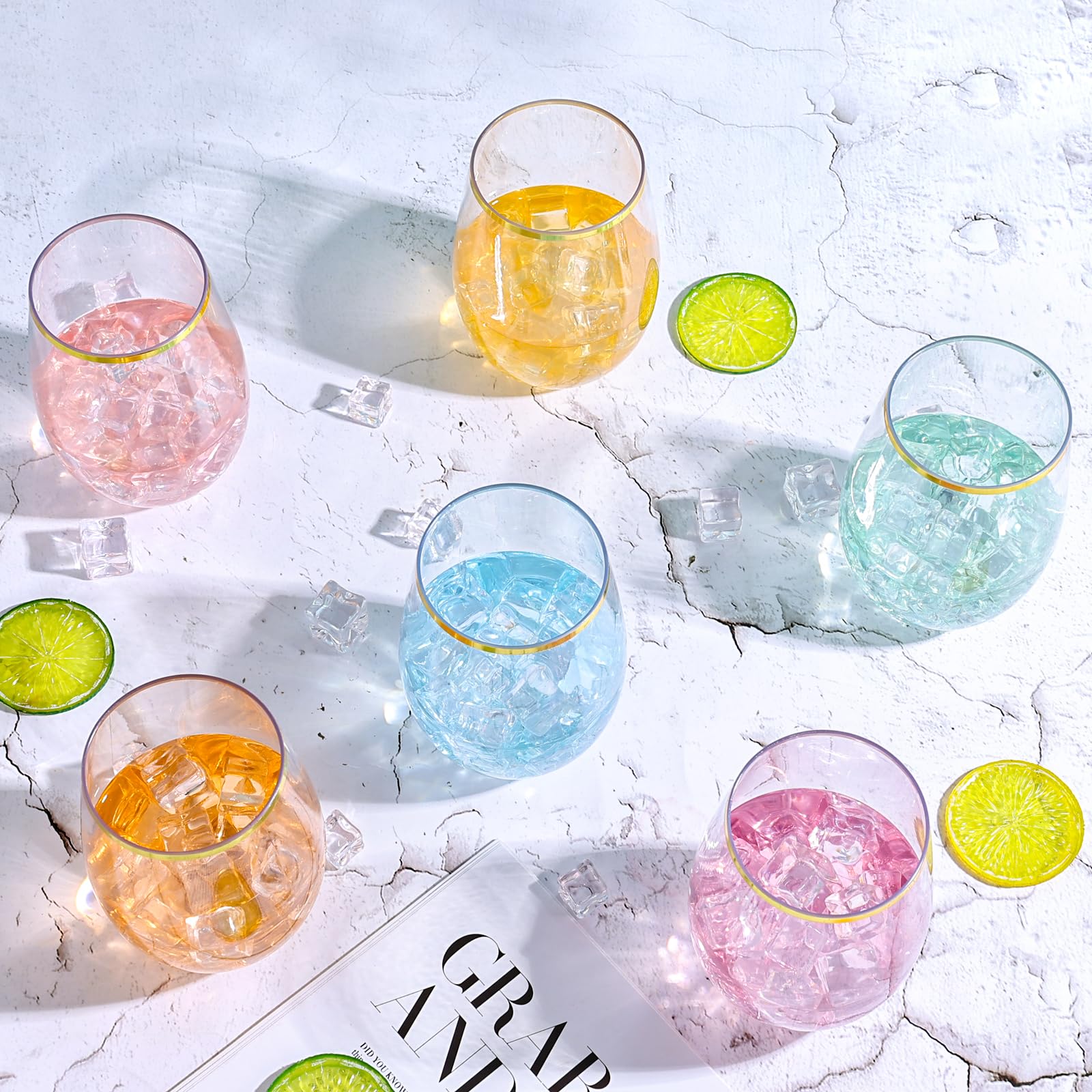 20 Pack Plastic Stemless Wine Glasses, 16 OZ Plastic Wine Glasses Disposable Unbreakable Plastic Wine Cups Reusable Clear Acrylic Drinking Party Glass Bulk Shatterproof for Champagne Wedding(Gold Rim)