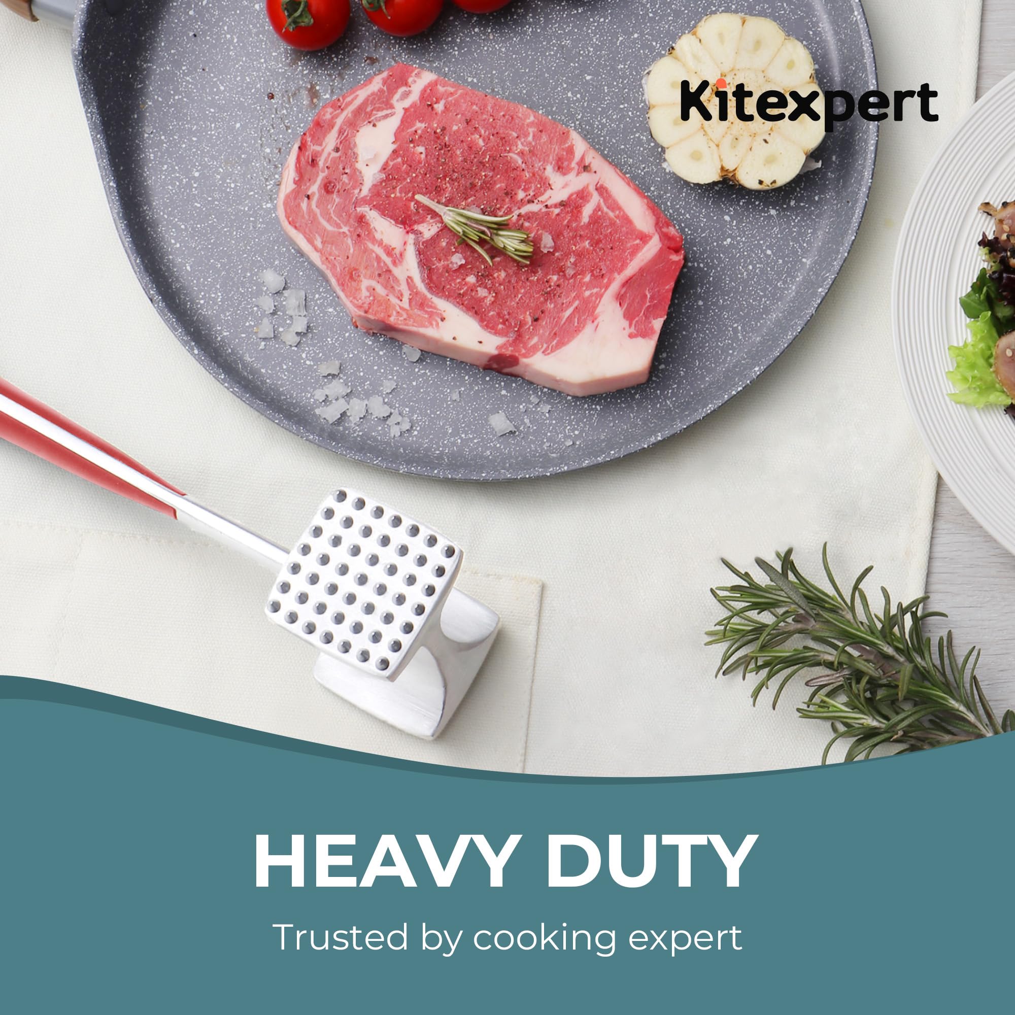 KITEXPERT Meat Tenderizer Hammer with Comfortable-Grip Handle, Dual-Side Mallet for Kitchen, Heavy Duty Pounder for Tenderizing Steak, Beef and Fish, Red
