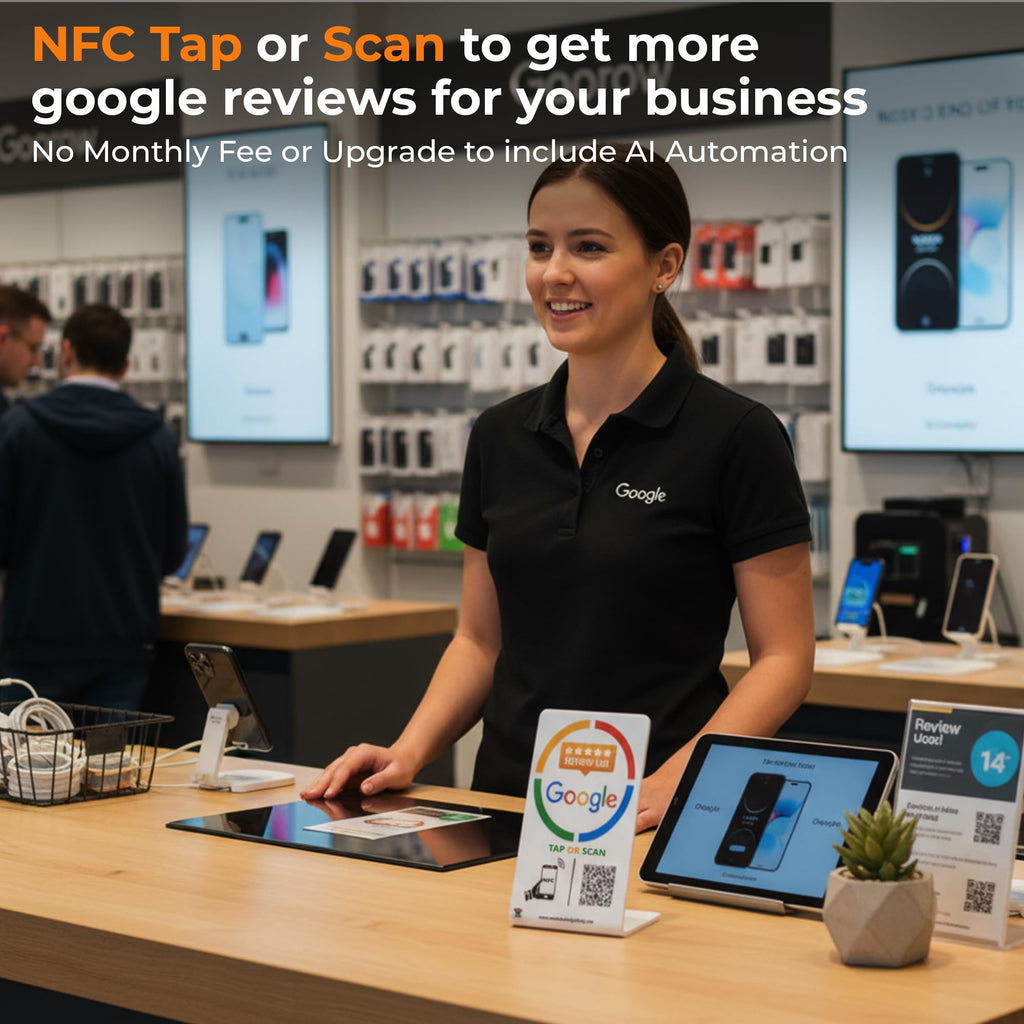 Google Review Tap Card Stand & QR Code Sign – Reusable NFC, No App or Subscription, iPhone & Android Compatible – Acrylic Counter Display to Boost Google Reviews for Business