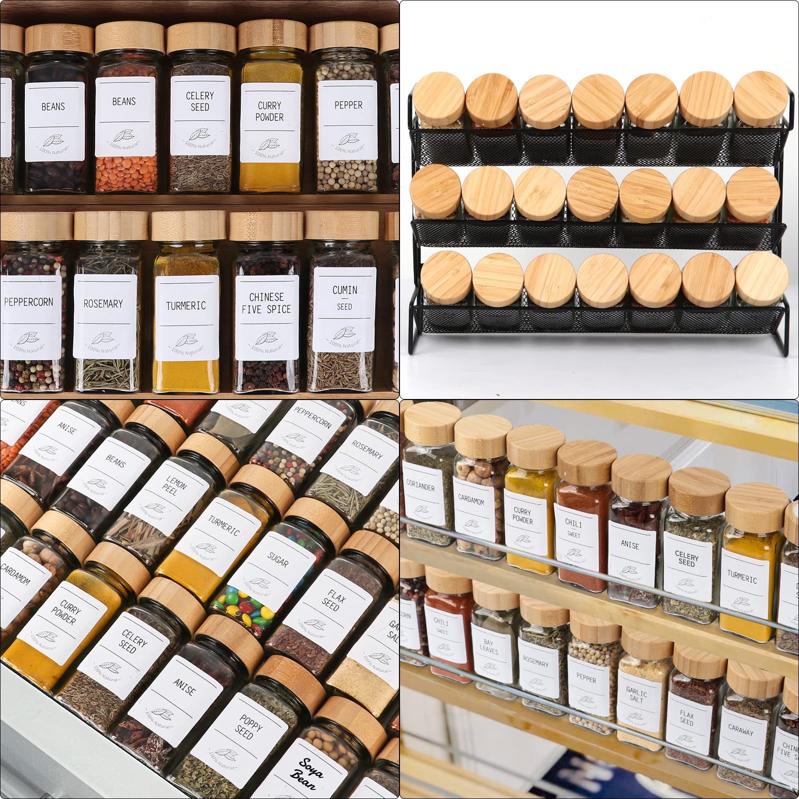 EkkoVla 16 Pack 4 oz Glass Spice Jars with Bamboo Lids, Empty Square Spice Containers with Blank＆Printed Spice Labels for Kitchen Cabinet