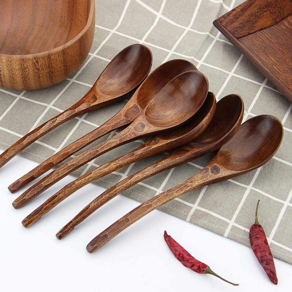AOOSY Soup Spoons, 6 Pieces 7.84 inches Japanese Ramen Spoons Round Nanmu Wood Long Handle Rice Dessert Cooking Tasting Dinner Table Spoon for Kitchen Restaurant
