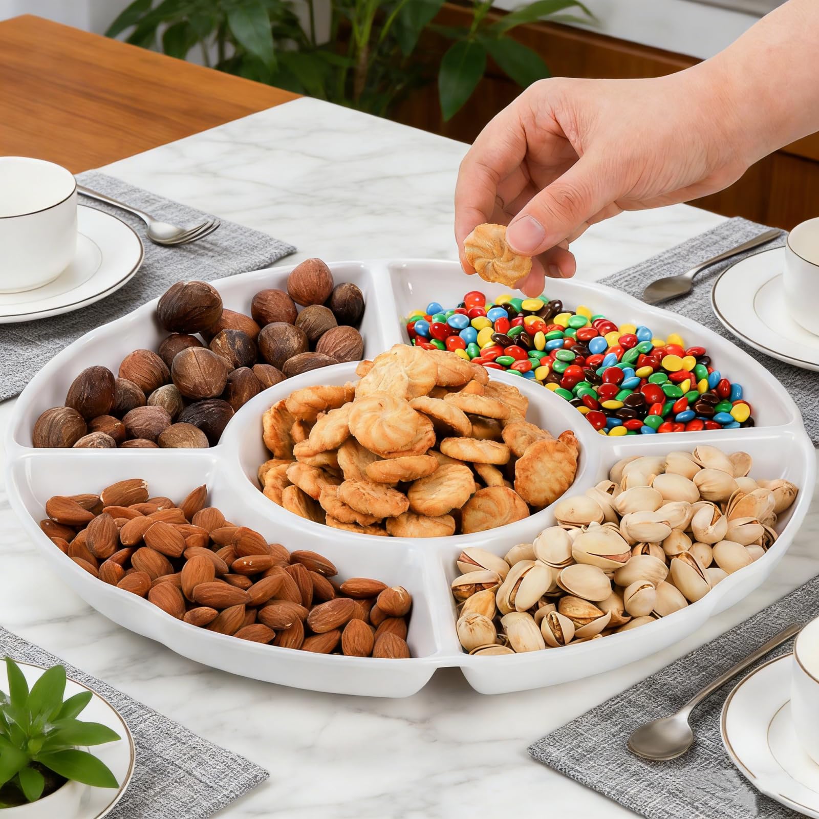 Pumtus 3 Pack Chip and Dip Serving Tray, Melamine Divided Serving Plate, 13" Decorative Sectional Platter, 5-Compartment Stoneware Appetizer Fruit Dish for Nuts, Veggie, Snack, Entertain, Party