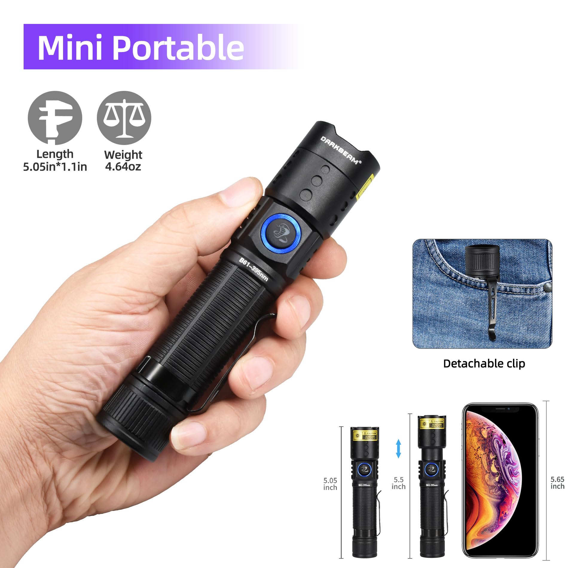 DARKBEAM 395NM UV LED Blacklight Lamp, Ultraviolet Lamps, Wood Lamp, Rechargeable USB-C Swivelling, Water Resistant for Detecting Scorpions and UV Resin Light