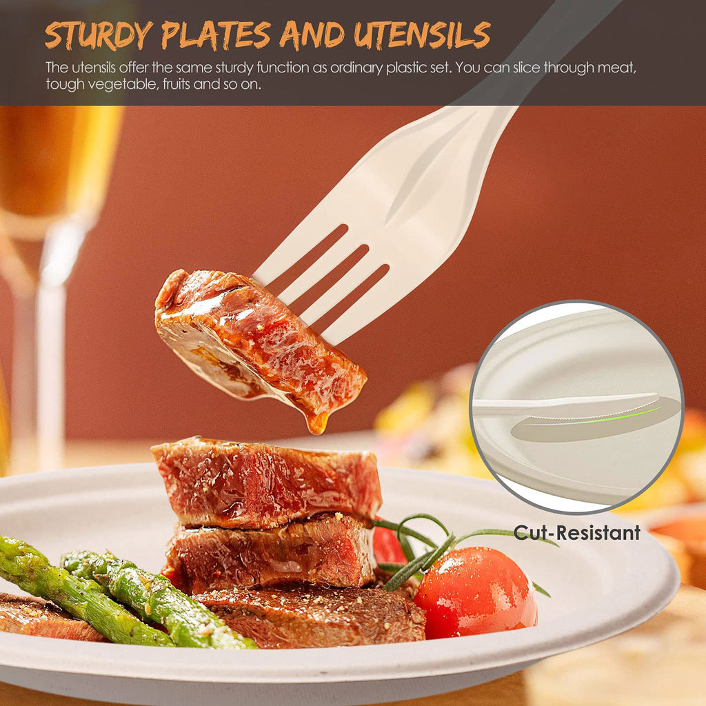Gezond 250pcs Disposable Paper Plates Set Compostable Party Supplies, Biodegradable Dinnerware Include Paper Plates, Napkins, Utensils for Party Camping Picnic, 50 Each