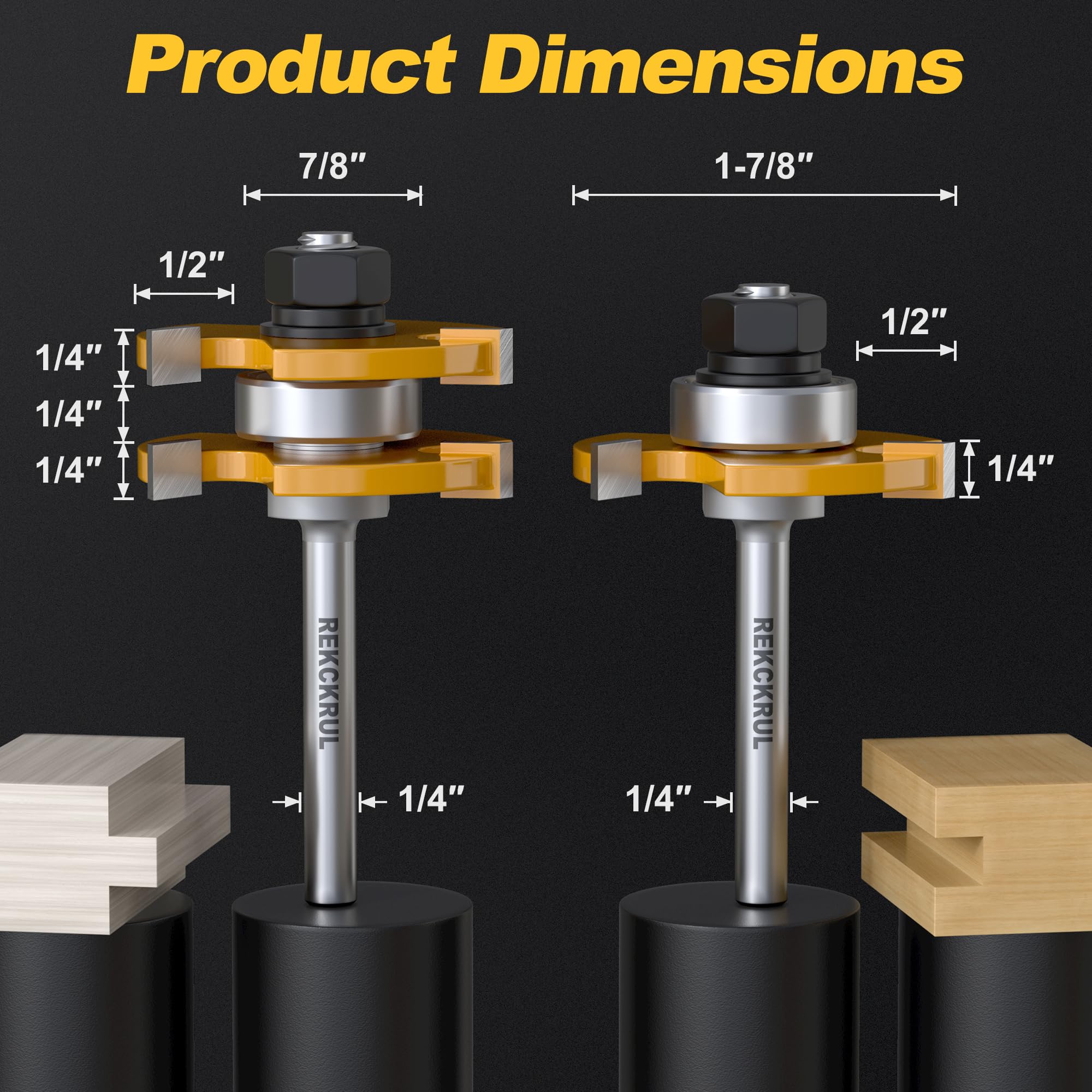 REKCKRUL 2 PCS Tongue and Groove Router Bit Set, 1/4 Inch Shank, 3 Teeth Adjustable T-Shape Wood Milling Cutter for Cabinets, Flooring, and Woodworking