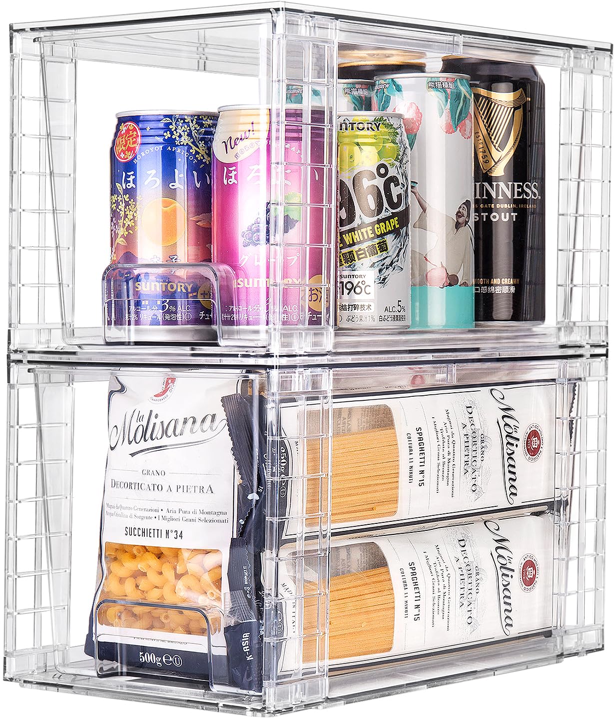 Zero Zoo 2Pack Large Stackable Kitchen Storage Drawers, Clear Foods Organizer Bins with Handles, Easily Assemble for Bathroom, Kitchen, Pantry, Cabinet, Closet (Down Handled)