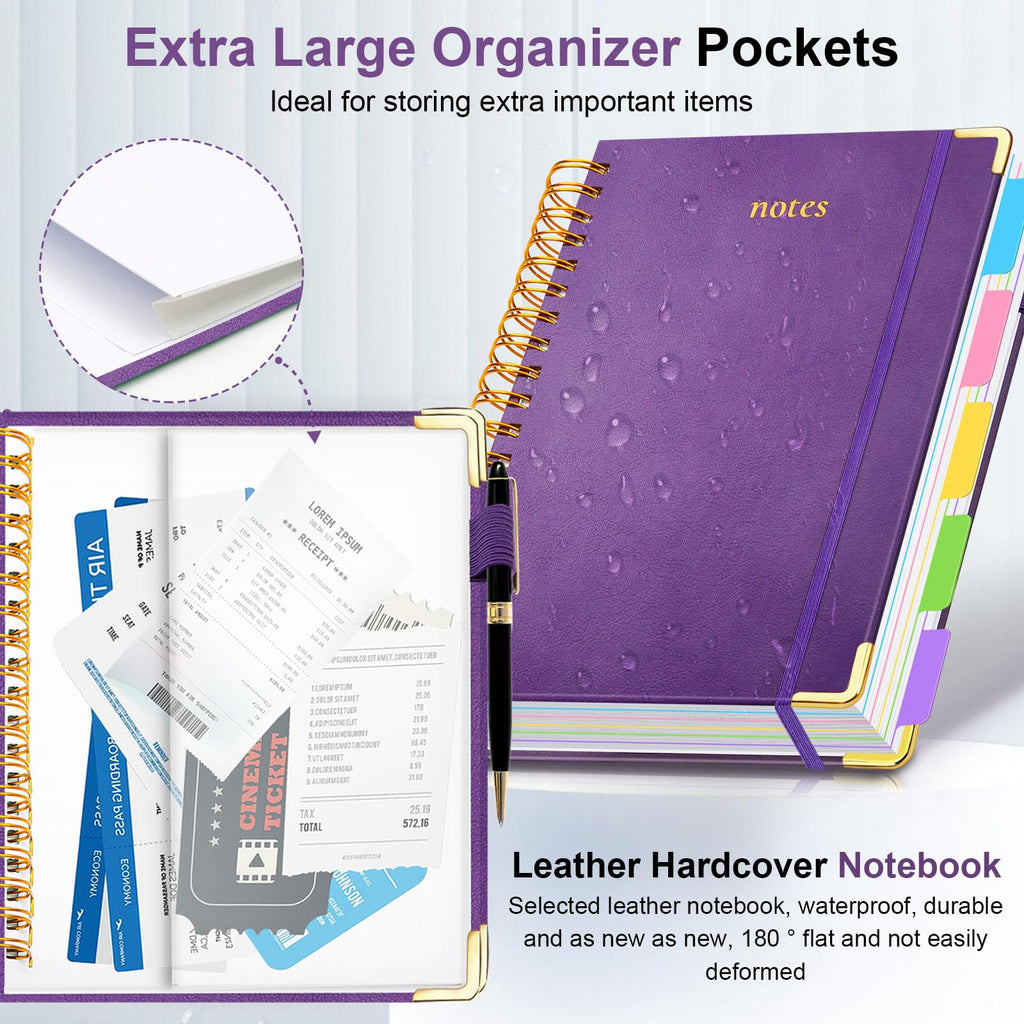 Hardcover Spiral Notebook 8"x10" Journal Notebook with Tabs and Removable Dividers 300 Pages 5 Subject Notebook College Ruled, Faux Leather Spiral Bound Notebook for Women School Work (Purple)