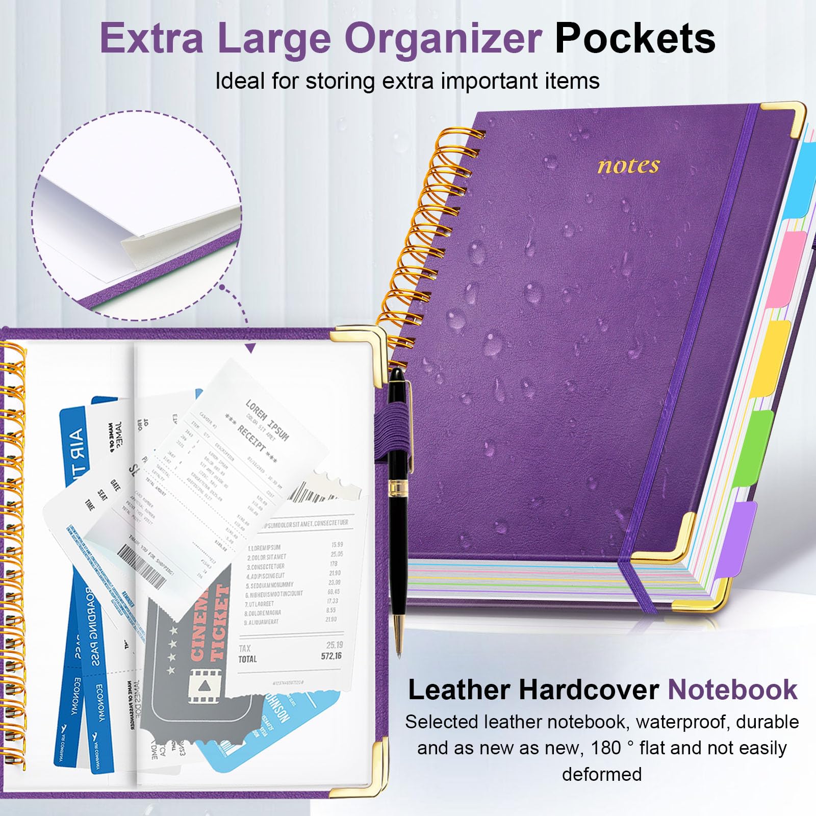 Hardcover Spiral Notebook 8"x10" Journal Notebook with Tabs and Removable Dividers 300 Pages 5 Subject Notebook College Ruled, Faux Leather Spiral Bound Notebook for Women School Work (Purple)