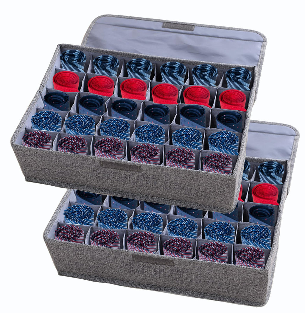 AARAINBOW 2 Packs Tie Storage Box with Lid, 60 Cells Sock Underwear Organizer for Dresser Drawer, Foldable Closet Necktie Holder for Men, Fabric Wardrobe Panty Container for Belt Scarf Lingerie, Gray