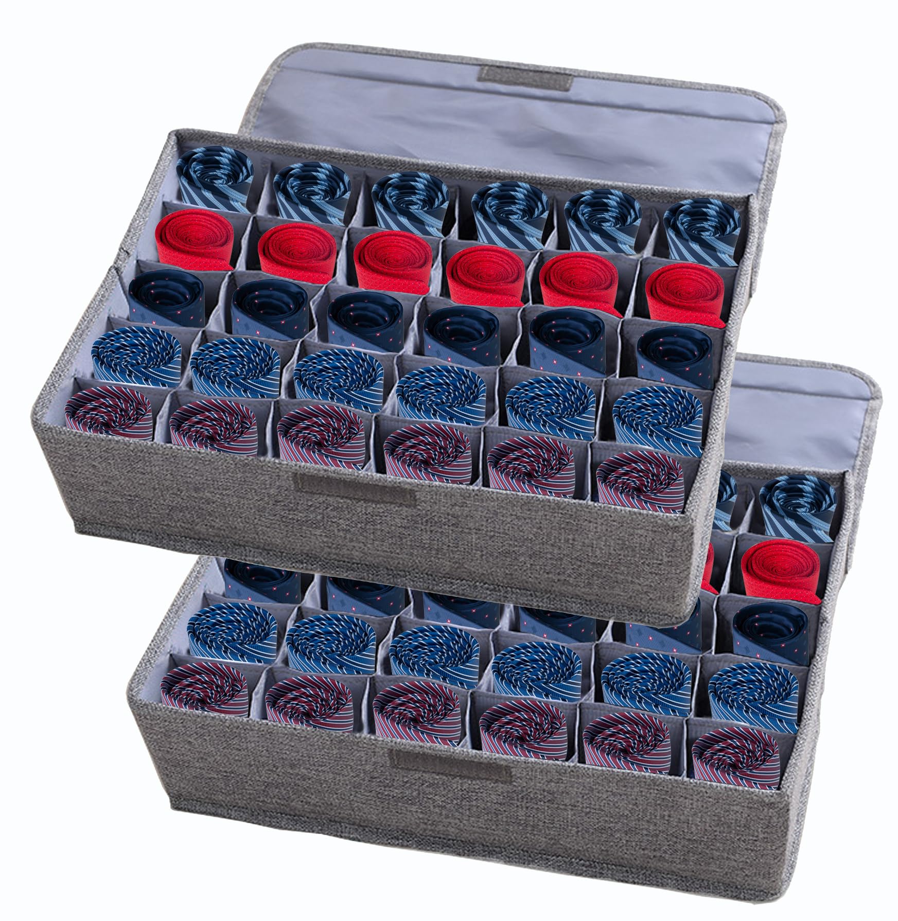 AARAINBOW 2 Packs Tie Storage Box with Lid, 60 Cells Sock Underwear Organizer for Dresser Drawer, Foldable Closet Necktie Holder for Men, Fabric Wardrobe Panty Container for Belt Scarf Lingerie, Gray