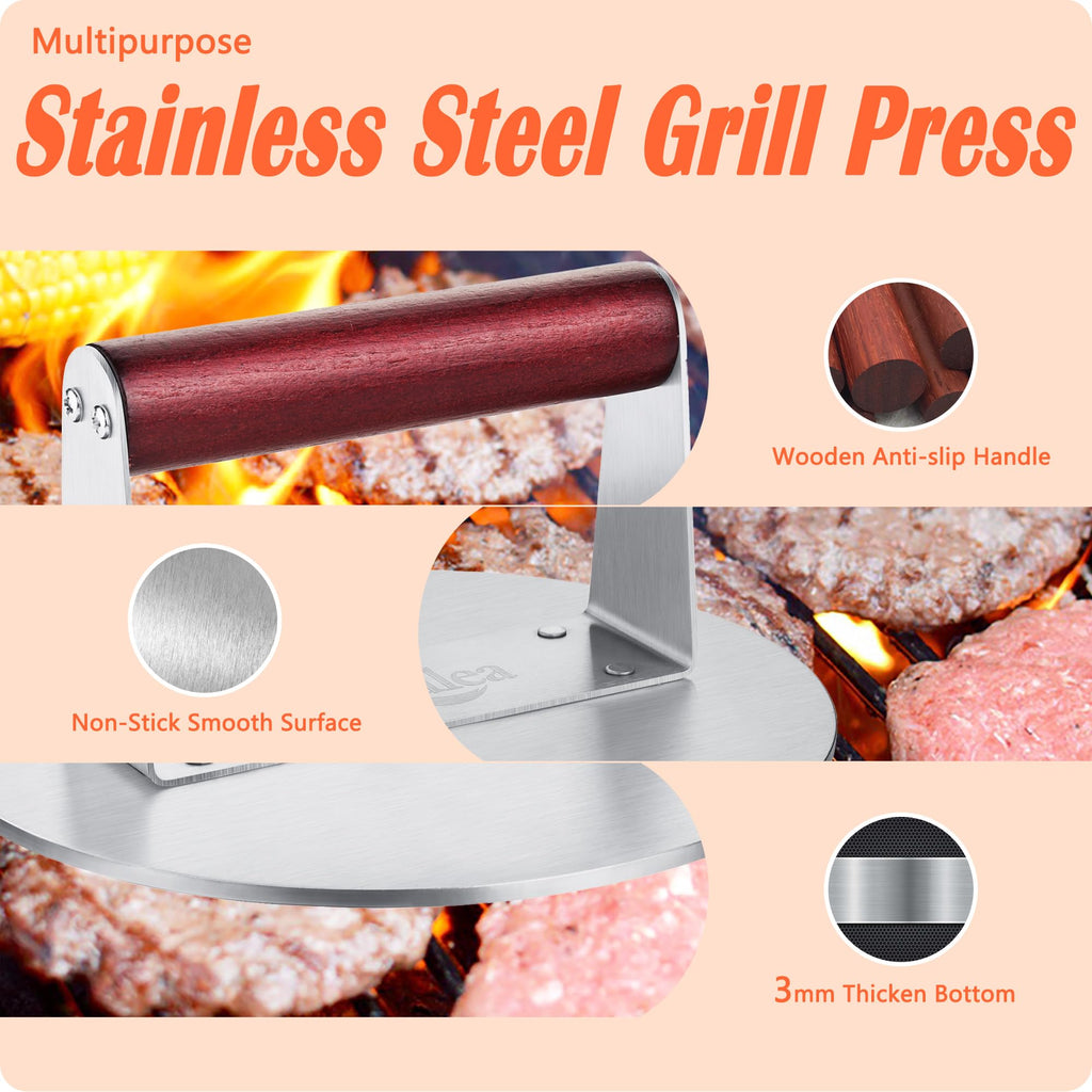 Stainless Steel Burger Press Kit, Heavy-Duty Thicken Smash Burger Press with Heat Resistant Wooden Handle Grill Press Bacon Sandwich Meat Press Non-Stick Bacon Press, 6.3 Inch