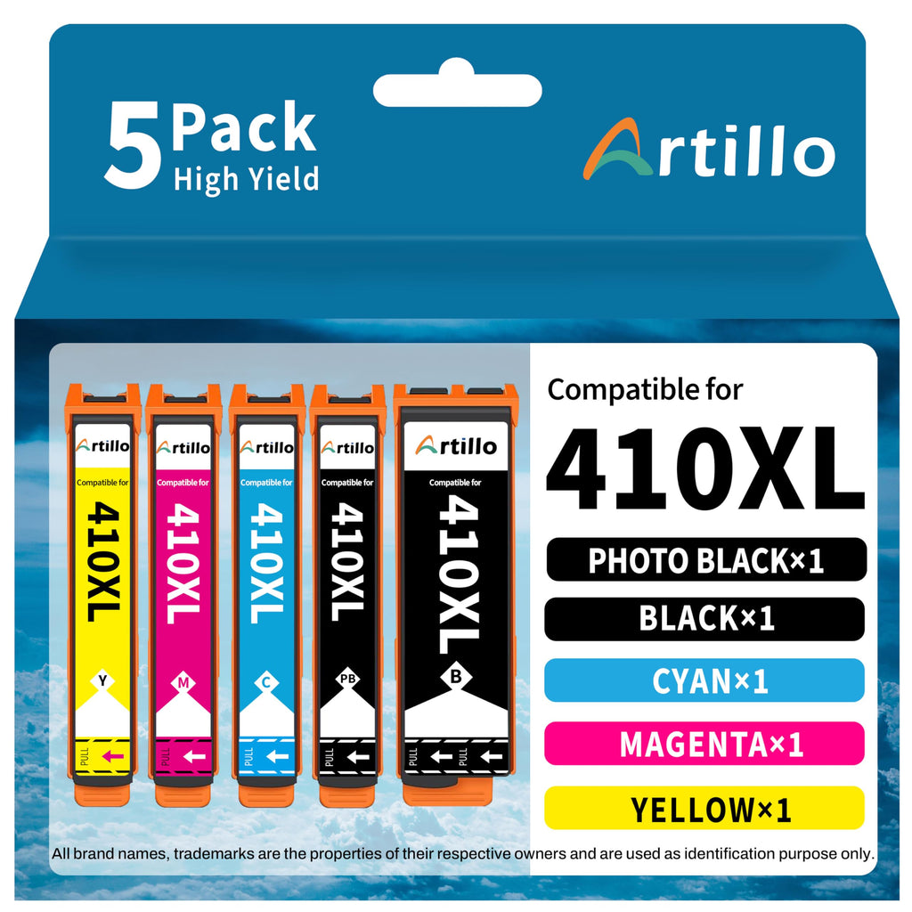 Artillo 410XL Ink Cartridges Replacement for Epson 410 Ink Cartridges 410XL T410 T410XL for Expression XP-7100 XP-830 XP-640 XP-635 XP-630 XP-530 (1 Black, 1 Photo Black, 1 Cyan, 1 Magenta, 1 Yellow)