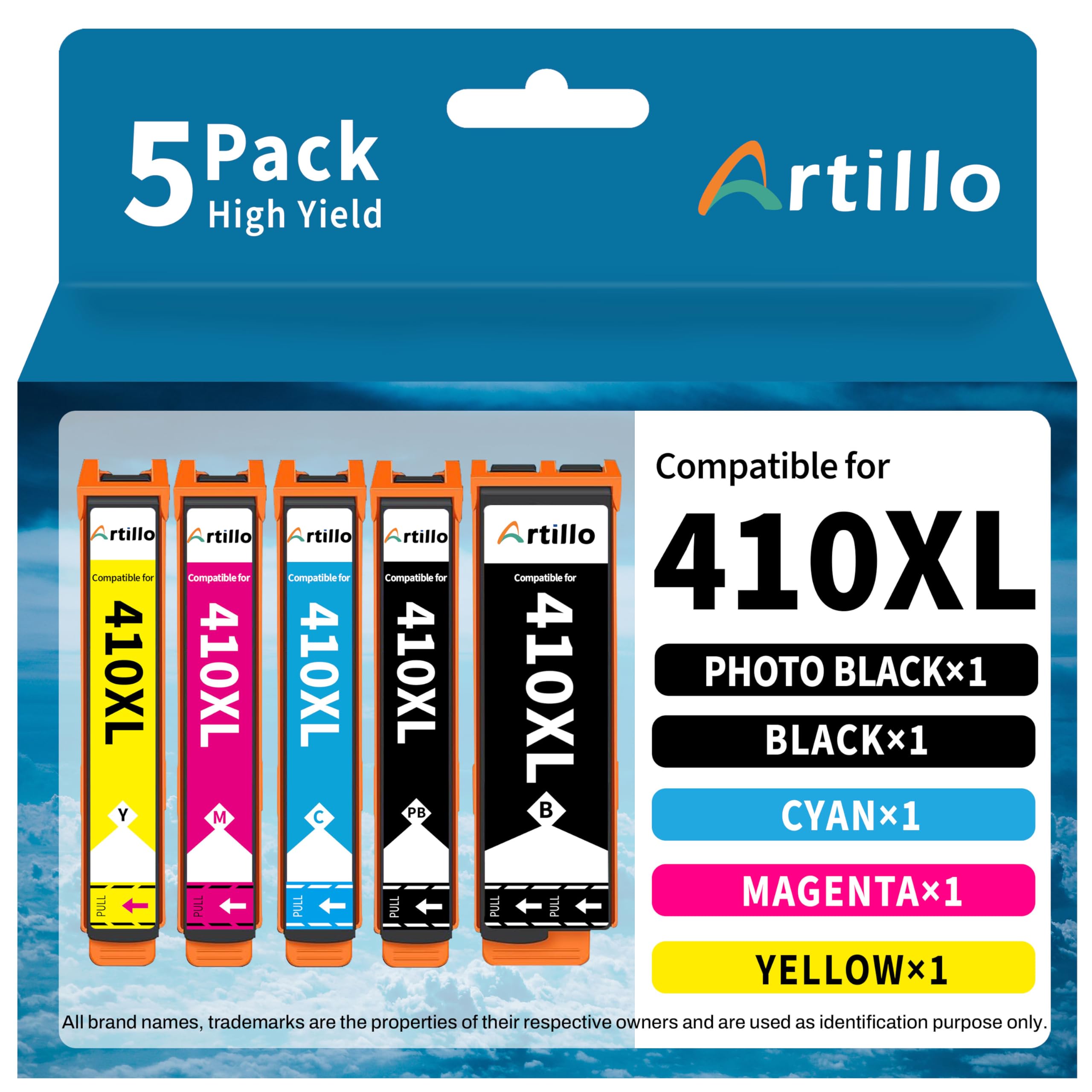 Artillo 410XL Ink Cartridges Replacement for Epson 410 Ink Cartridges 410XL T410 T410XL for Expression XP-7100 XP-830 XP-640 XP-635 XP-630 XP-530 (1 Black, 1 Photo Black, 1 Cyan, 1 Magenta, 1 Yellow)