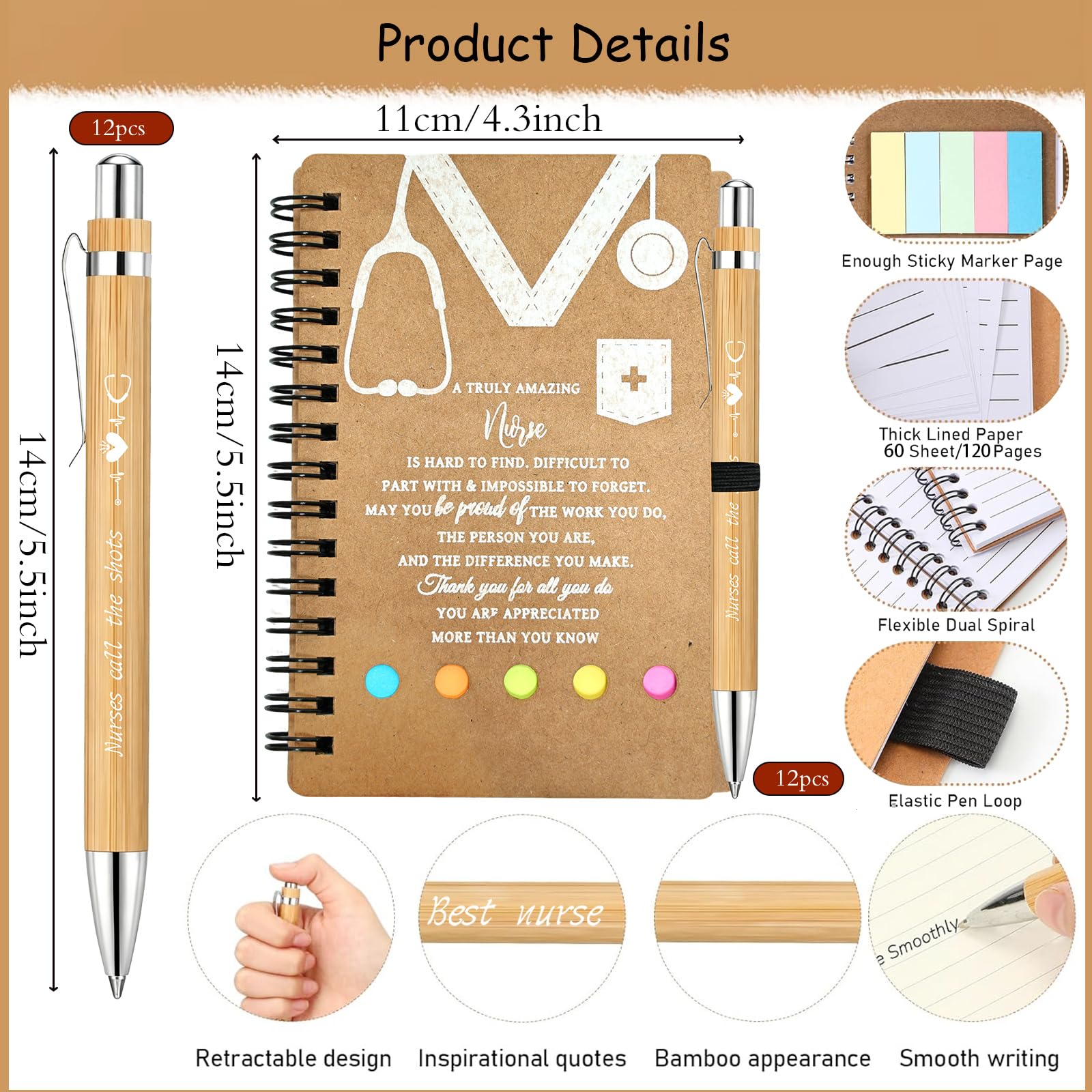 24 PCS Nurse Week Gifts 2026 Inspirational Bamboo Ballpoint Pens Spiral Notebook with Sticky Notes Nurse Appreciation Thank You Gifts for Coworker Staff Social Worker Volunteer Nurses Teacher Office