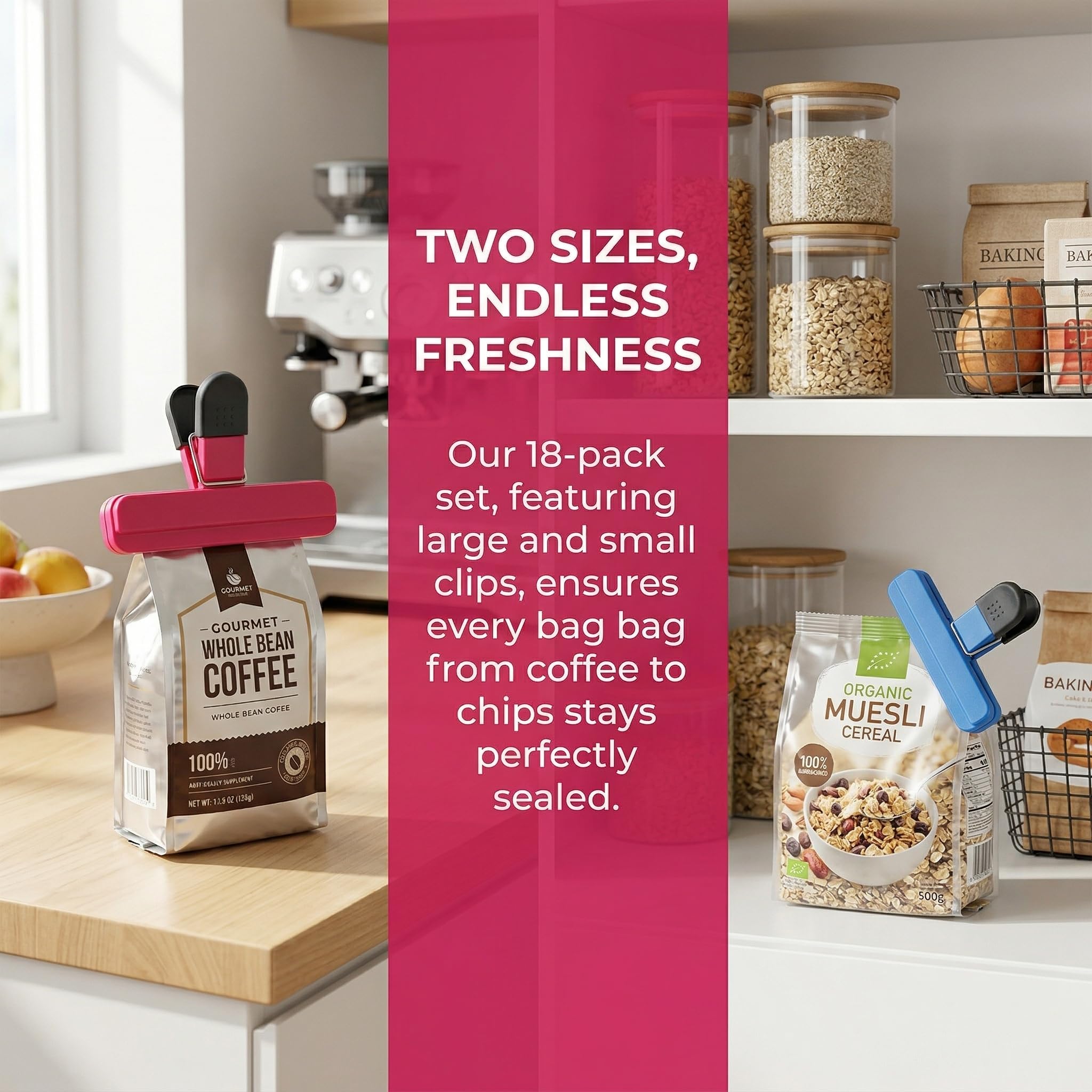 Nicunom 18 Pack Large Chip Bag Clips, 6 Large & 12 Small Food Bag Clips Plastic Heavy Duty Air Tight Seal Grip for Snacks Coffee Vegetables Fruit, 3 Color 2 Size