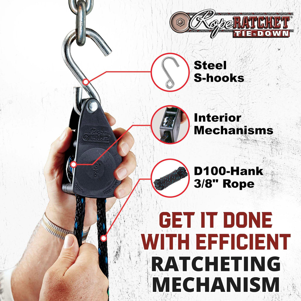 Rope Ratchet - 3/8" Ratchet Tie Down Rope, Block & Tackle Pulley System, Rope Hoist Hanger, Pulley Hoist with Hooks, 8' Braided Polypropylene Rope, 250 lbs Capacity