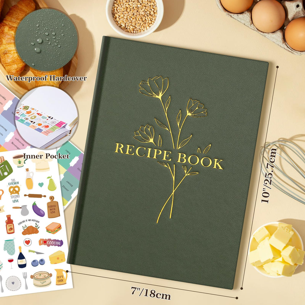 Lanpn Blank Recipe Book Cookbook to Write in Your Own Recipes, Waterproof B5 Empty Cooking Journal for 120 Recipes, Leather Cover Recipe Notebook with Stickers to Organize Your Family Recipes, Green