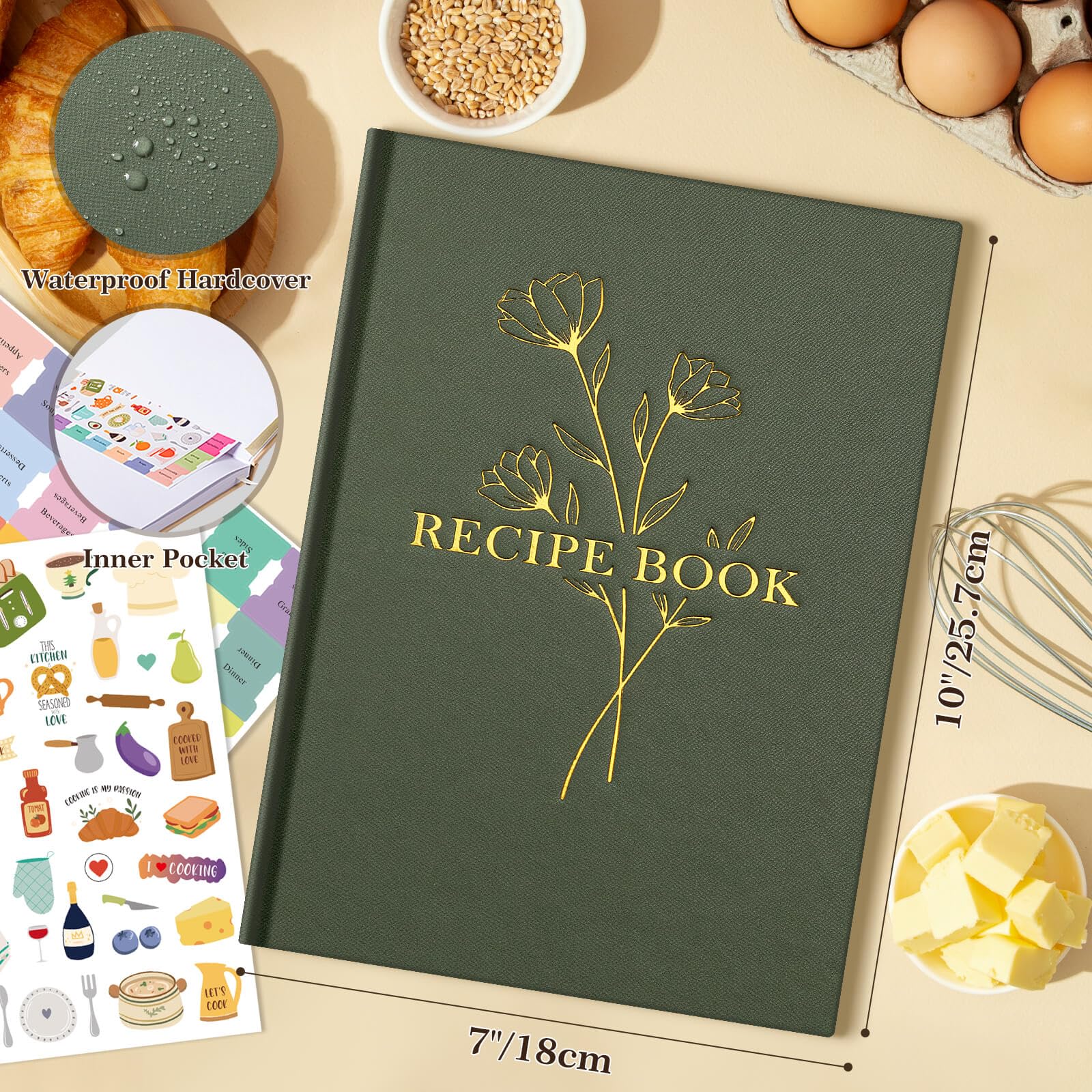 Lanpn Blank Recipe Book Cookbook to Write in Your Own Recipes, Waterproof B5 Empty Cooking Journal for 120 Recipes, Leather Cover Recipe Notebook with Stickers to Organize Your Family Recipes, Green