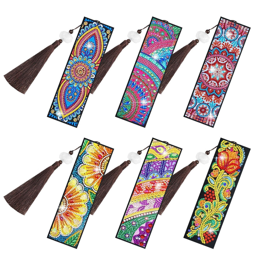 EEEKit 6 PCS DIY Diamonds Painting Bookmarks, Book Mark Diamond Art Kits for Adult Crafts, Floral Tassel Leather Diamond Drawing Page Bookmark for Book Lovers