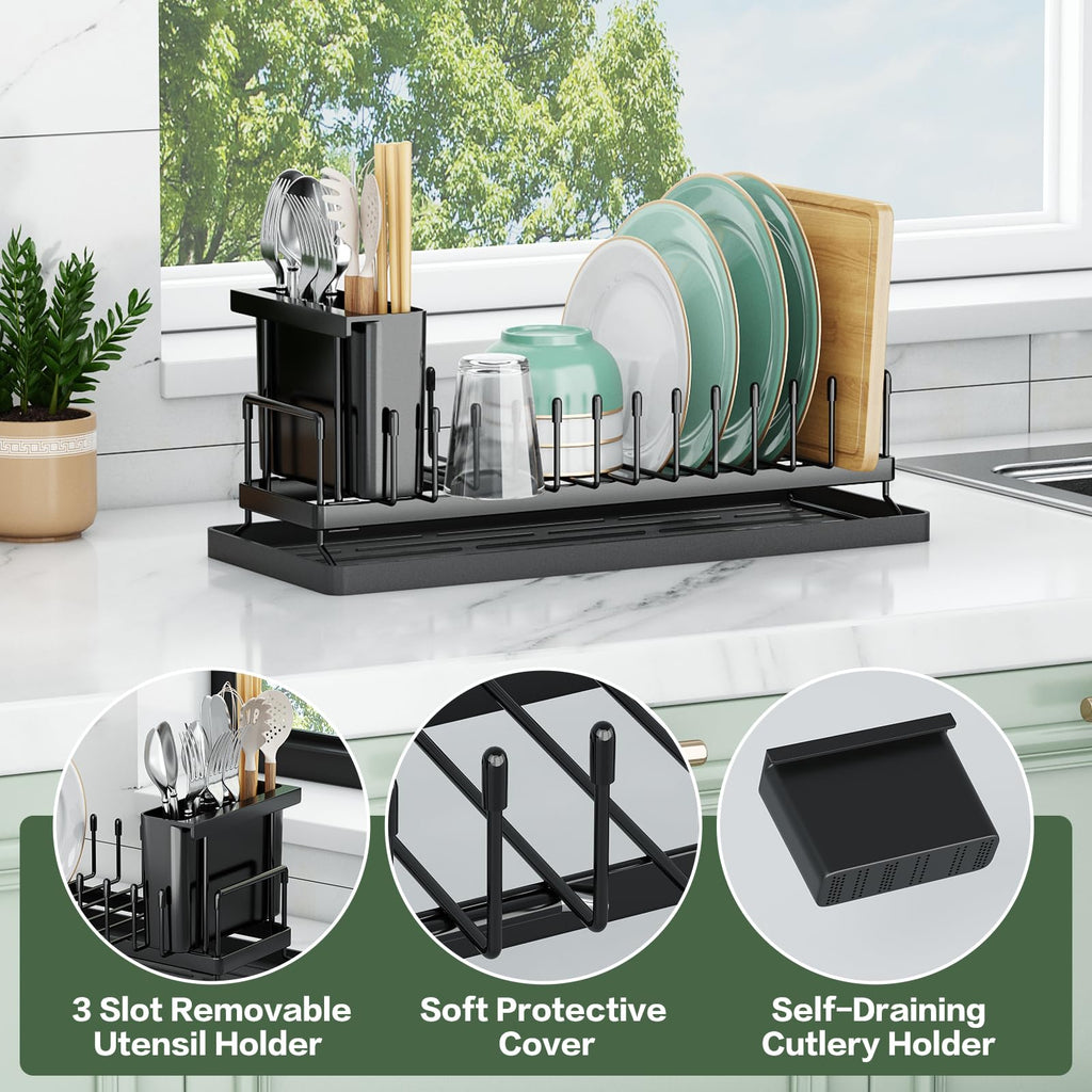 Small Dish Drying Rack, Aufworld Compact Dish Rack with Silicone Drying Mat, Stainless Steel Dish Drainer with Utensil Holder, Space Saving Drain Rack for Kitchen Counter, RVs, Apartments (Countertop)
