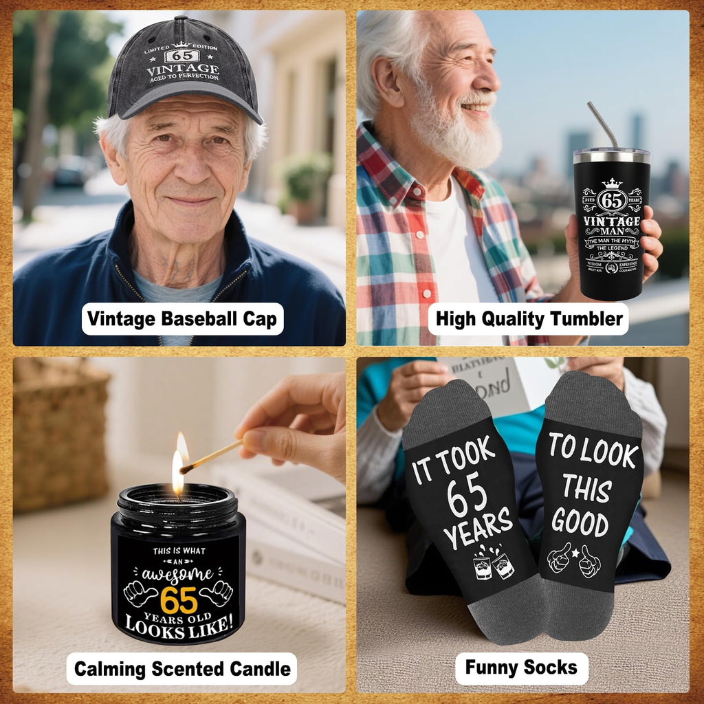 65th Birthday Gifts for Men - Unique Birthday Box with 20 Oz Tumbler, Baseball Cap, Socks, Bracelets, Happy 65th Birthday Decorations for Husband, Dad, Grandpa, Friends, Boss