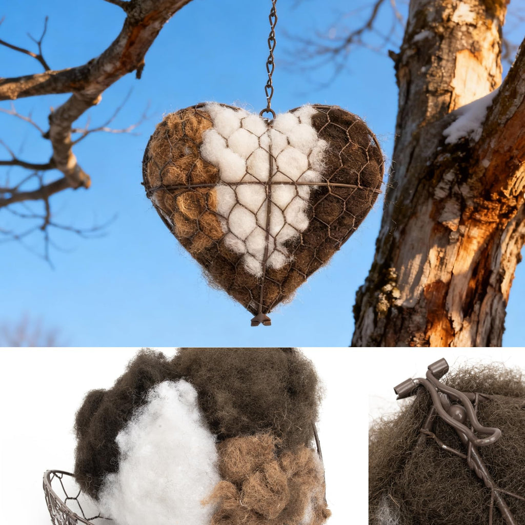 Handmade Alpaca Fiber Bird Nesting Heart-Refillable Outdoor Yard Art & Natural Nesting Material Holder for Wild Birds,Hummingbirds - Garden Decor Gift for Bird Lovers