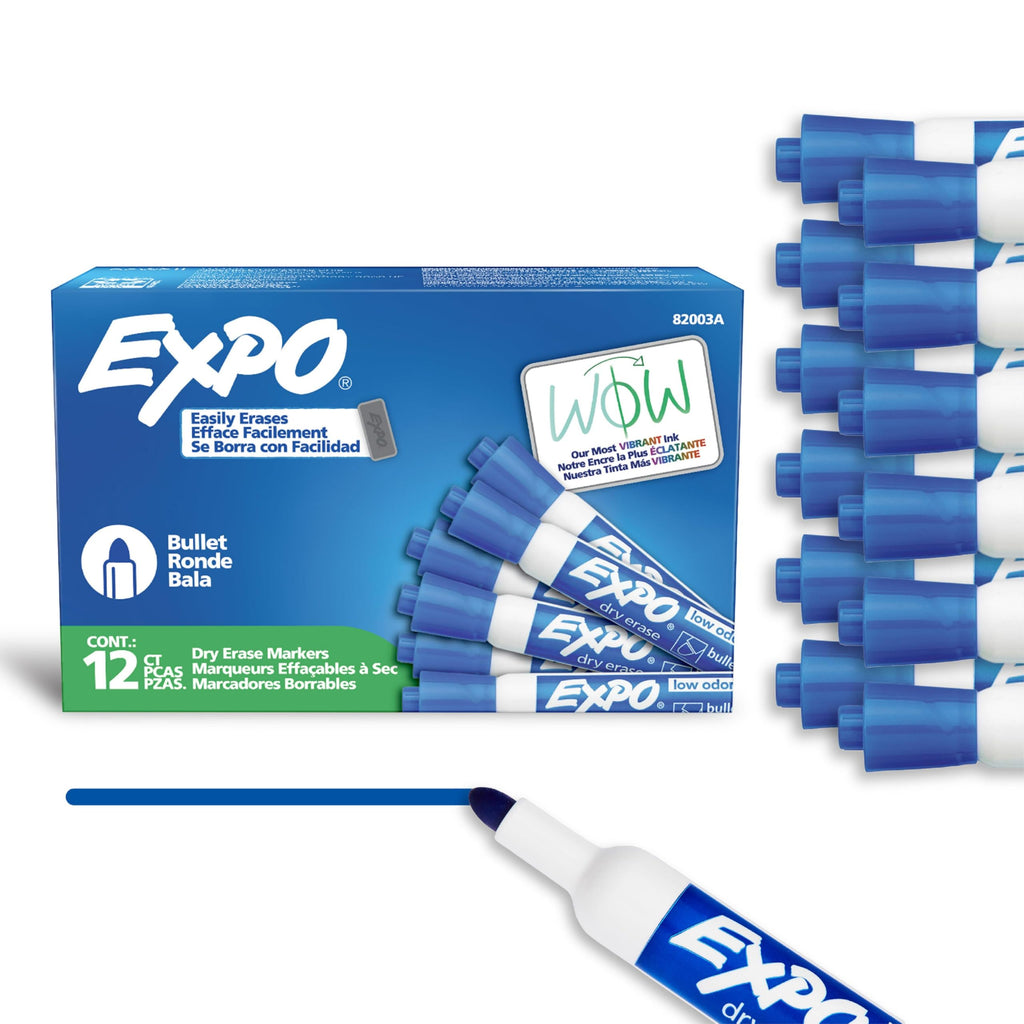 EXPO Dry Erase Markers, Low Odour Ink, Blue, Bullet Tip, 12 Count