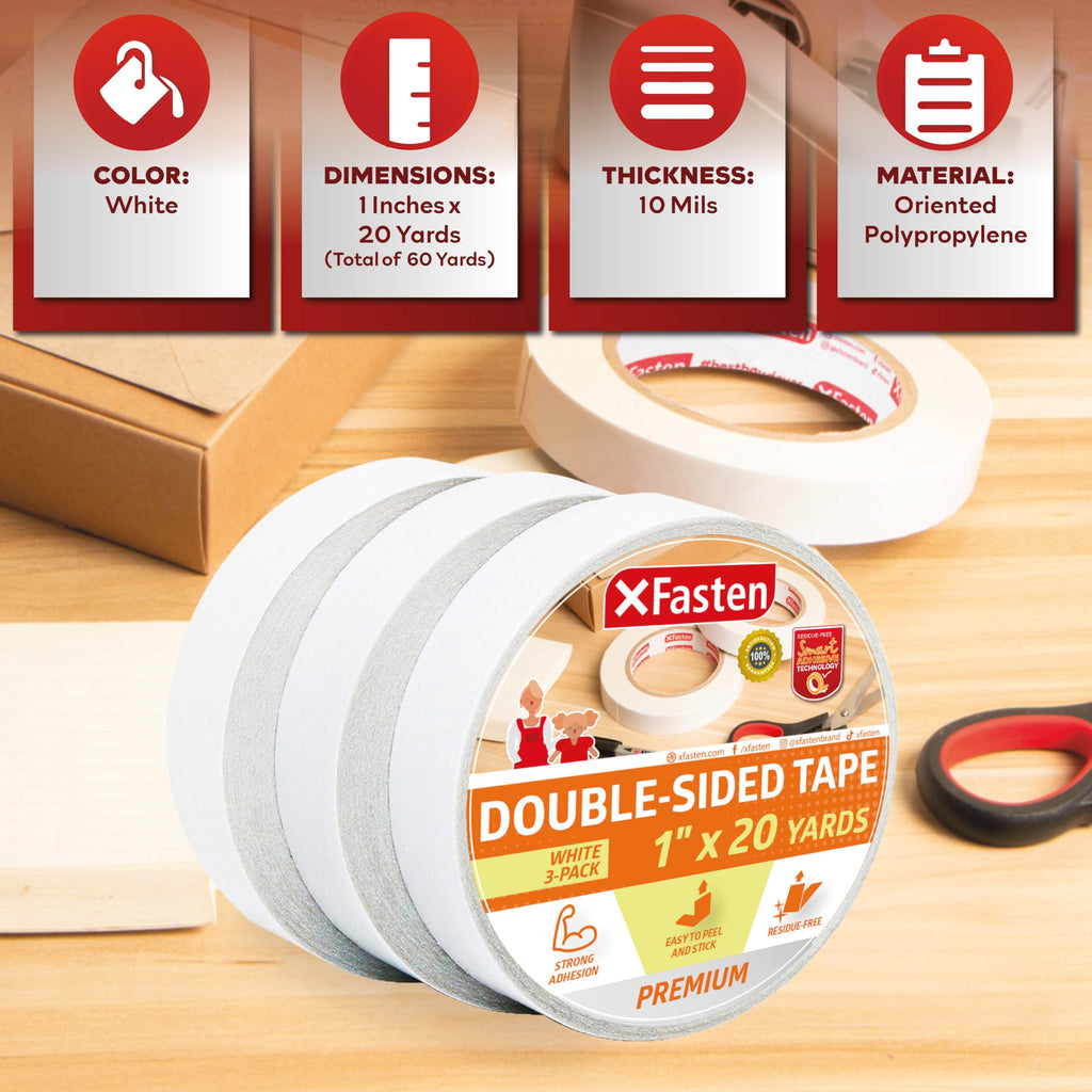 XFasten Double Sided Tape, Removable, 1-Inch by 20-Yard (Pack of 3) Ideal as a Gift Wrap Tape, Holding Carpets, and Woodworking