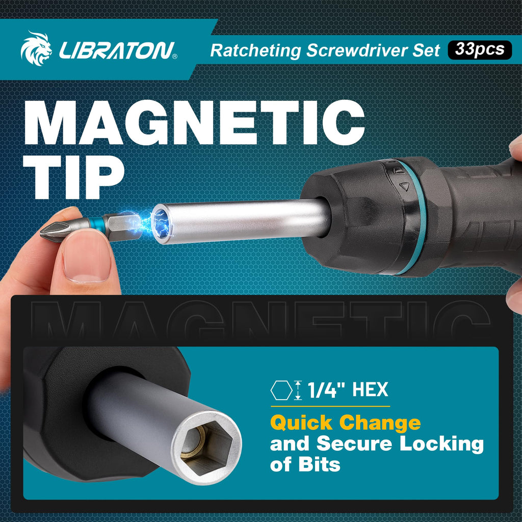 LIBRATON Ratcheting Screwdriver Set, Multi-bit Screwdriver Tool, 33-in-1 Magnetic Ratchet Screw Driver, Slotted/Philips/Pozi/Torx/Hex/Square Bits, Ergonomic Handle for Home, Auto & DIY