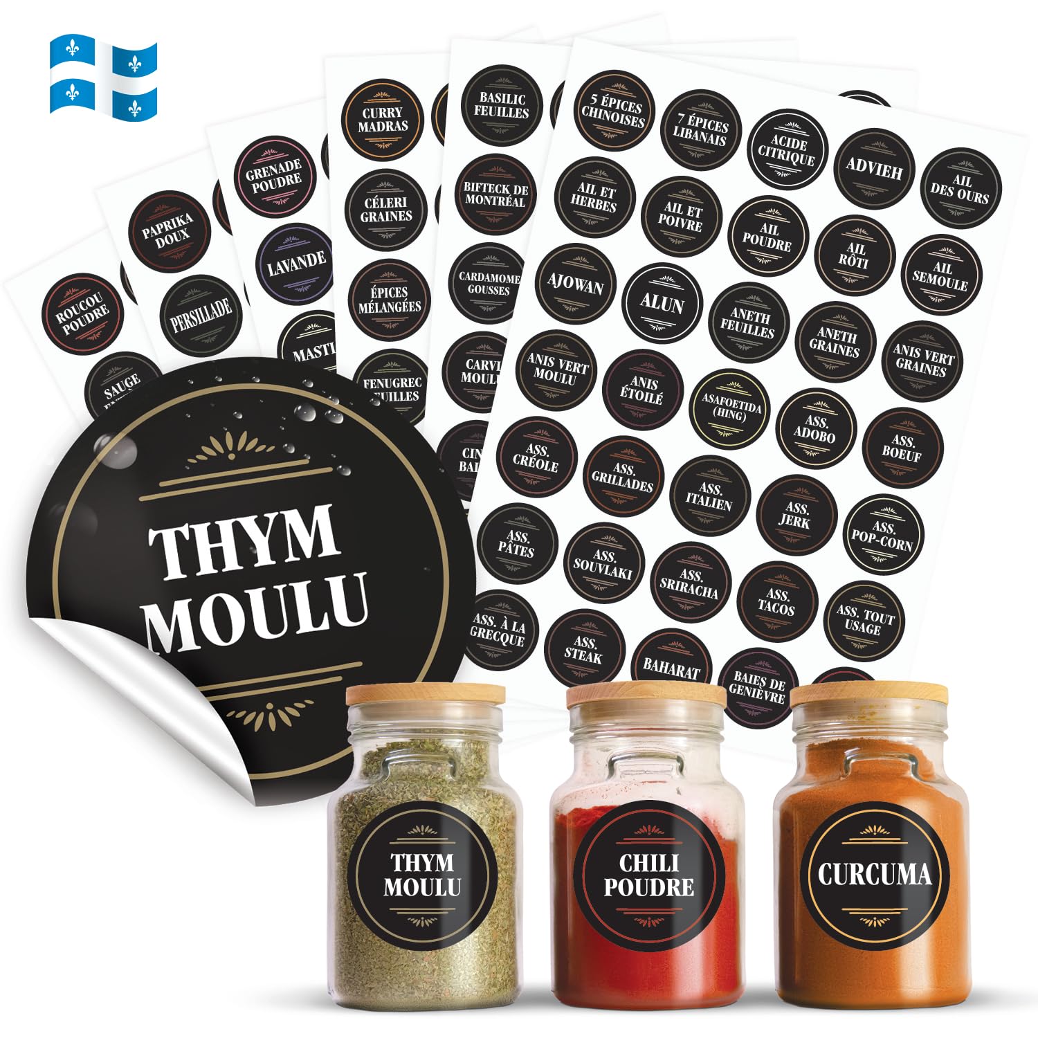 Etiquette epices Francais ; 210 autocollants épices en français ; Etiquette autocollante epice ; résistantes à l'eau et à l'huile 38 mm ; avec autocollants supplémentaires vierges Imprimées au québec