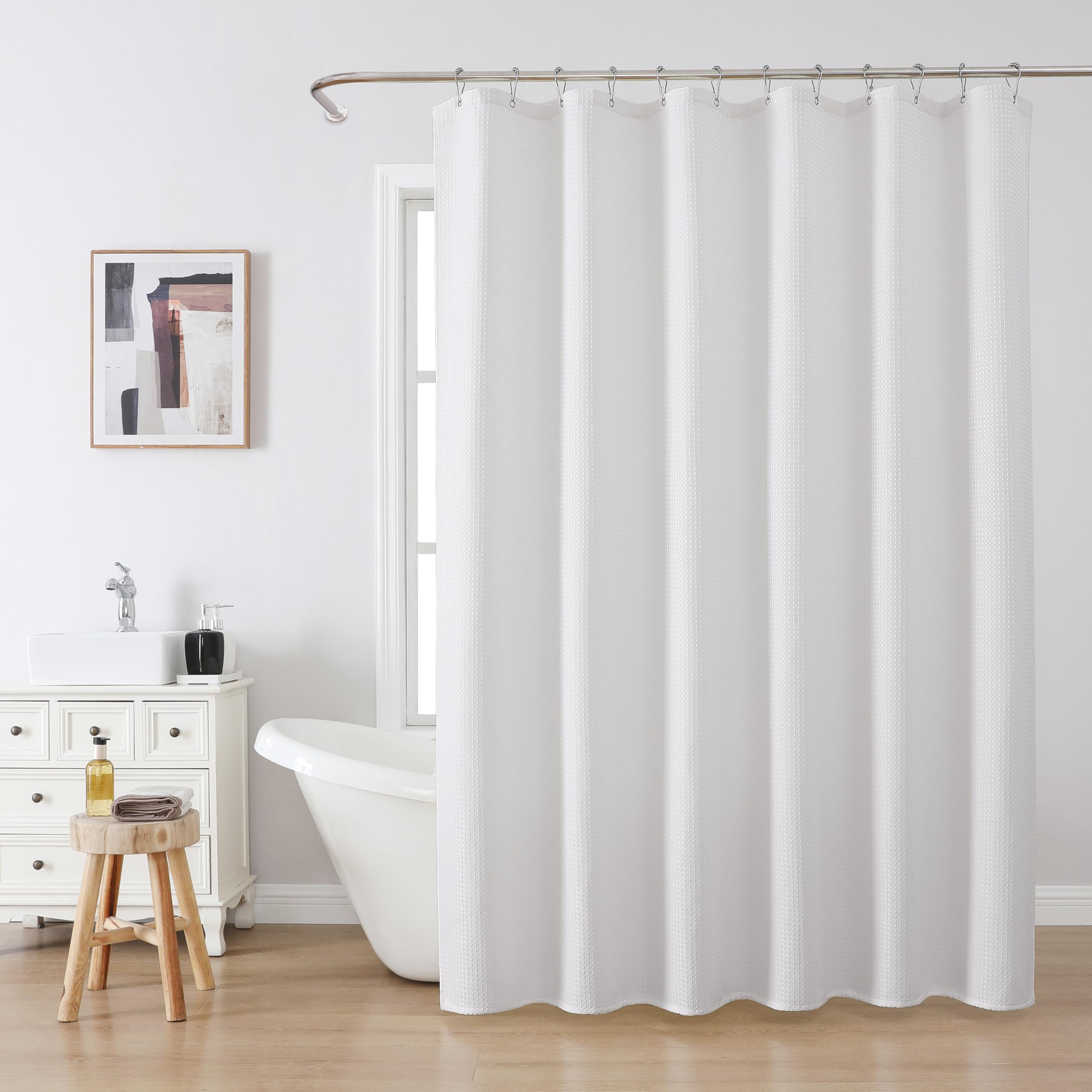 Waffle Weave Shower Curtain with Stainless Steel Hooks - 256 GSM Heavy Duty Fabric Bath Curtains, Hotel Luxury Quality, Water Resistant, Machine Washable, Weighted Hem, 72 x 72 Inches (White)