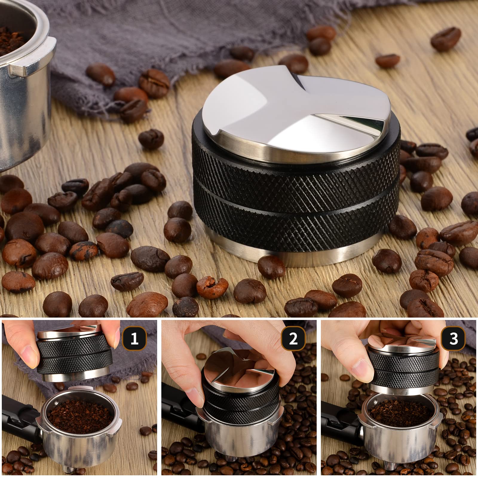 51mm Espresso Tamper, Coffee Distributor Adjustable Height, Coffee Leveler Fits with Two-in-one Double-Head and Flat-Bottom Three Leaf for Macaroons Espresso Coffee