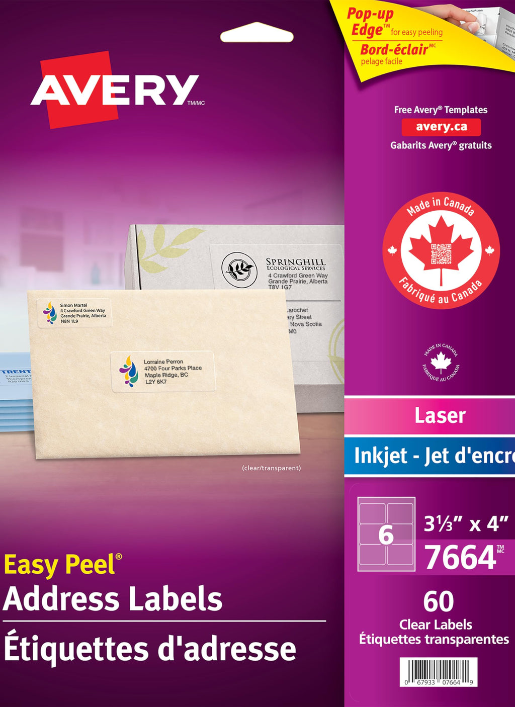 Avery Clear 3-1/3" x 4" Shipping Labels with Easy Peel for Laser/Inkjet Printers, 3-1/3" x 4", Glossy Clear, Rectangle, 60 Labels, Permanent (7664) Made in Canada