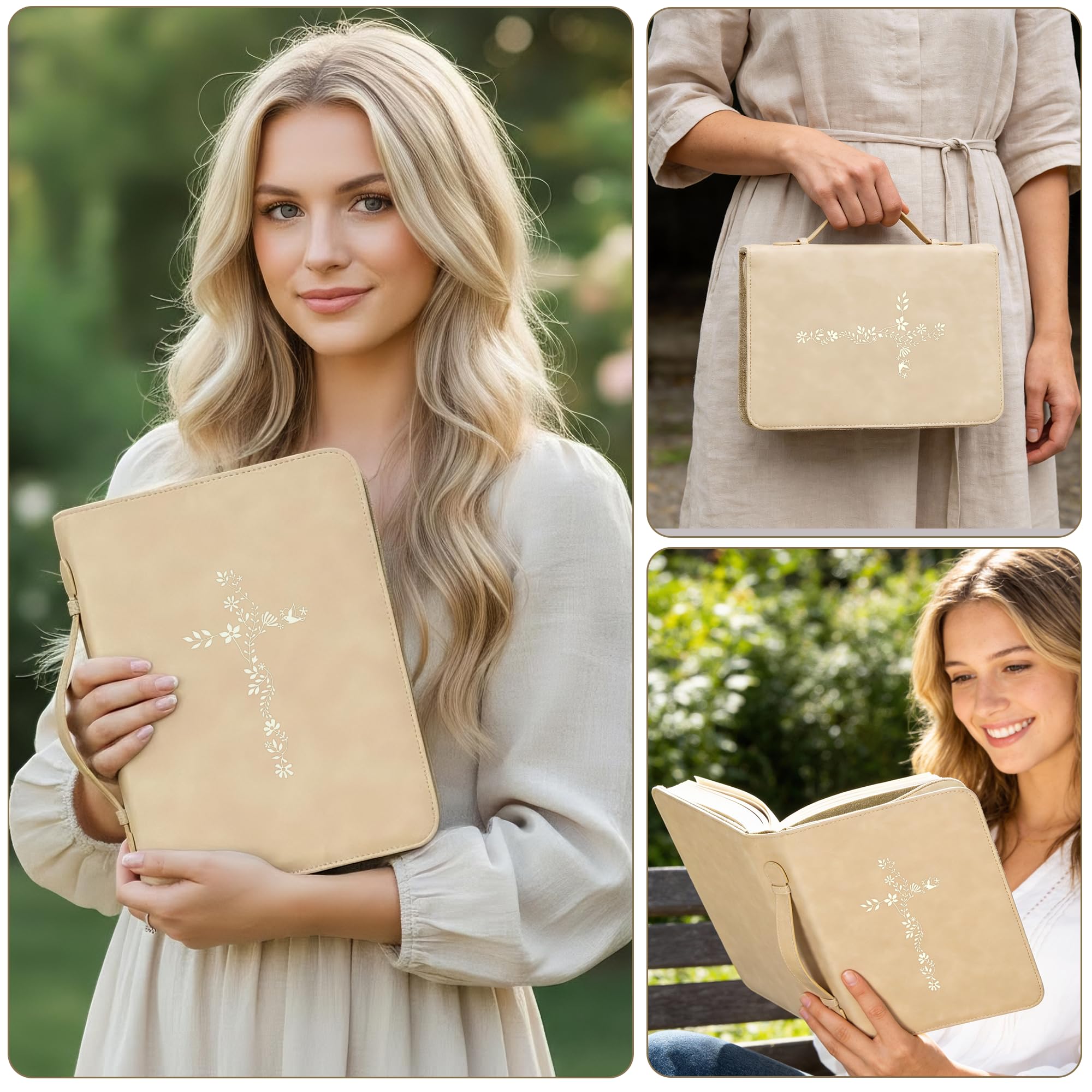 LISWIT Mother's Day Gift Bible Cover for Women, Large Bible Case - Durable PU Leather Carrying Bag Sleeve, Christian Gifts for Women, Girls, Teens (Beige/Gold)