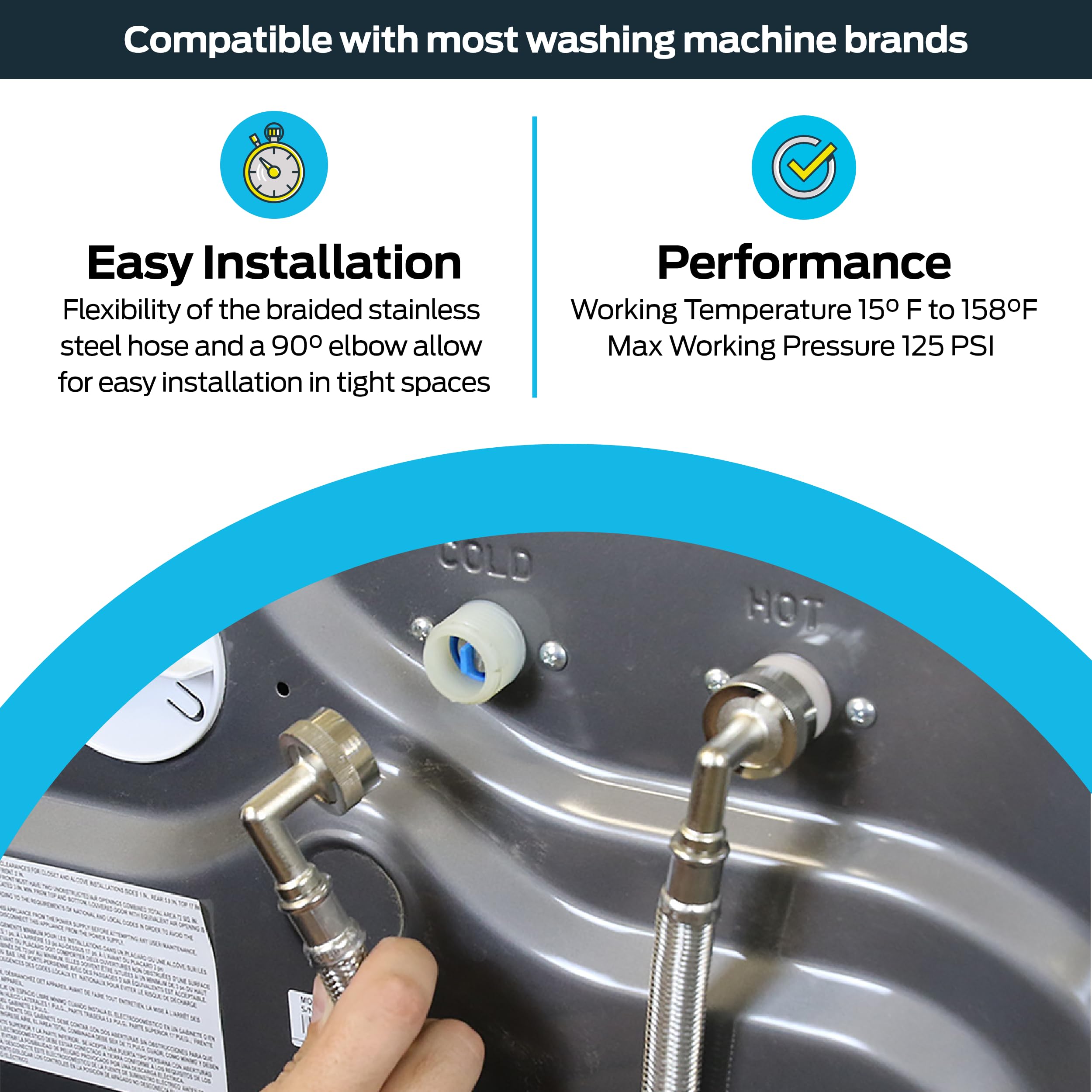 Eastman 41066 Stainless Steel Washing Machine Hose with 90 Degree Elbow, 3/4" X 3/4", 1 Pair