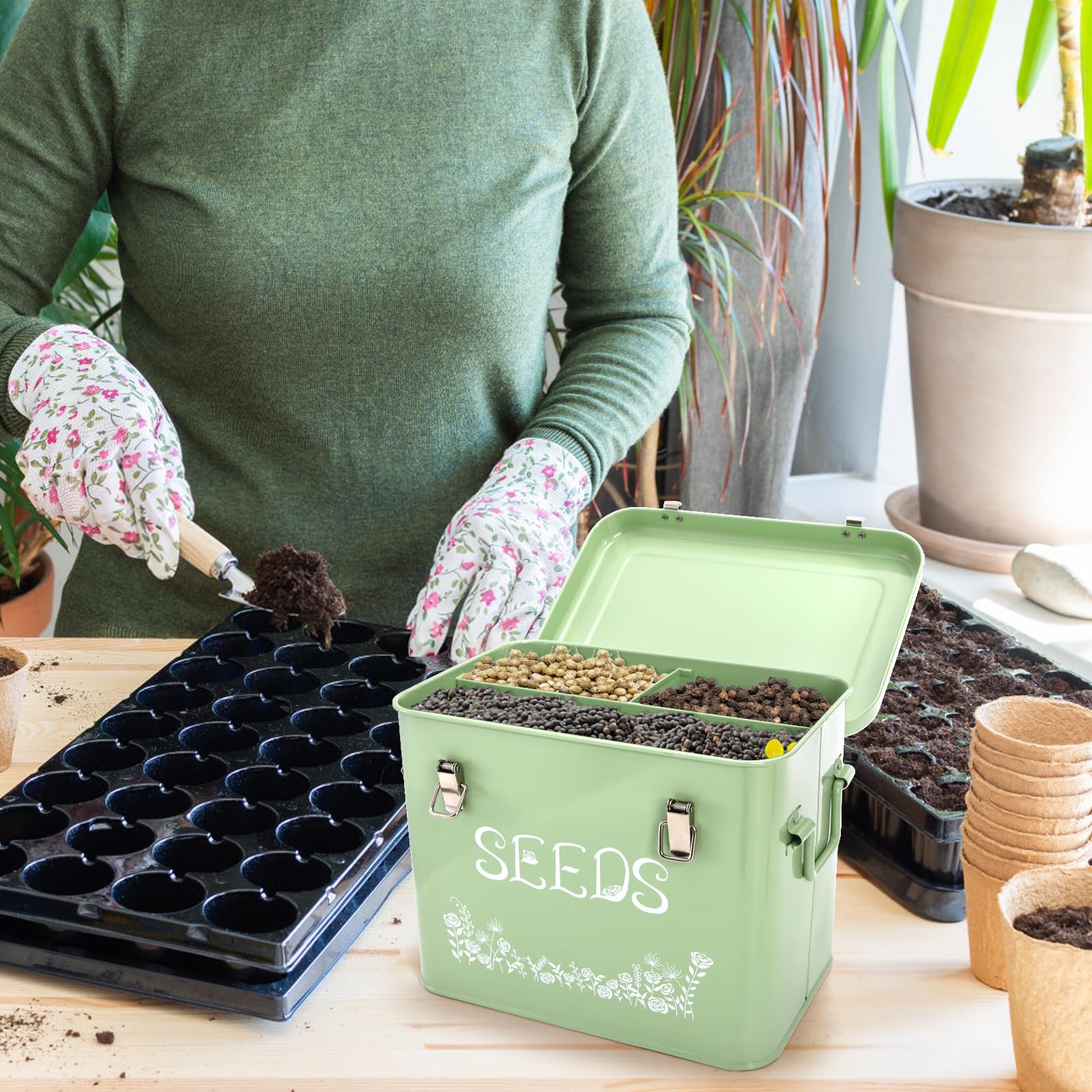 Covzoe Seed Storage Box, Metal Seed Packet Organizer with Garden String and 10 Wood Plant Labels, 3 Compartment Seed Saving Container with Lid, Seed Organizer Tin for Gardeners, Green