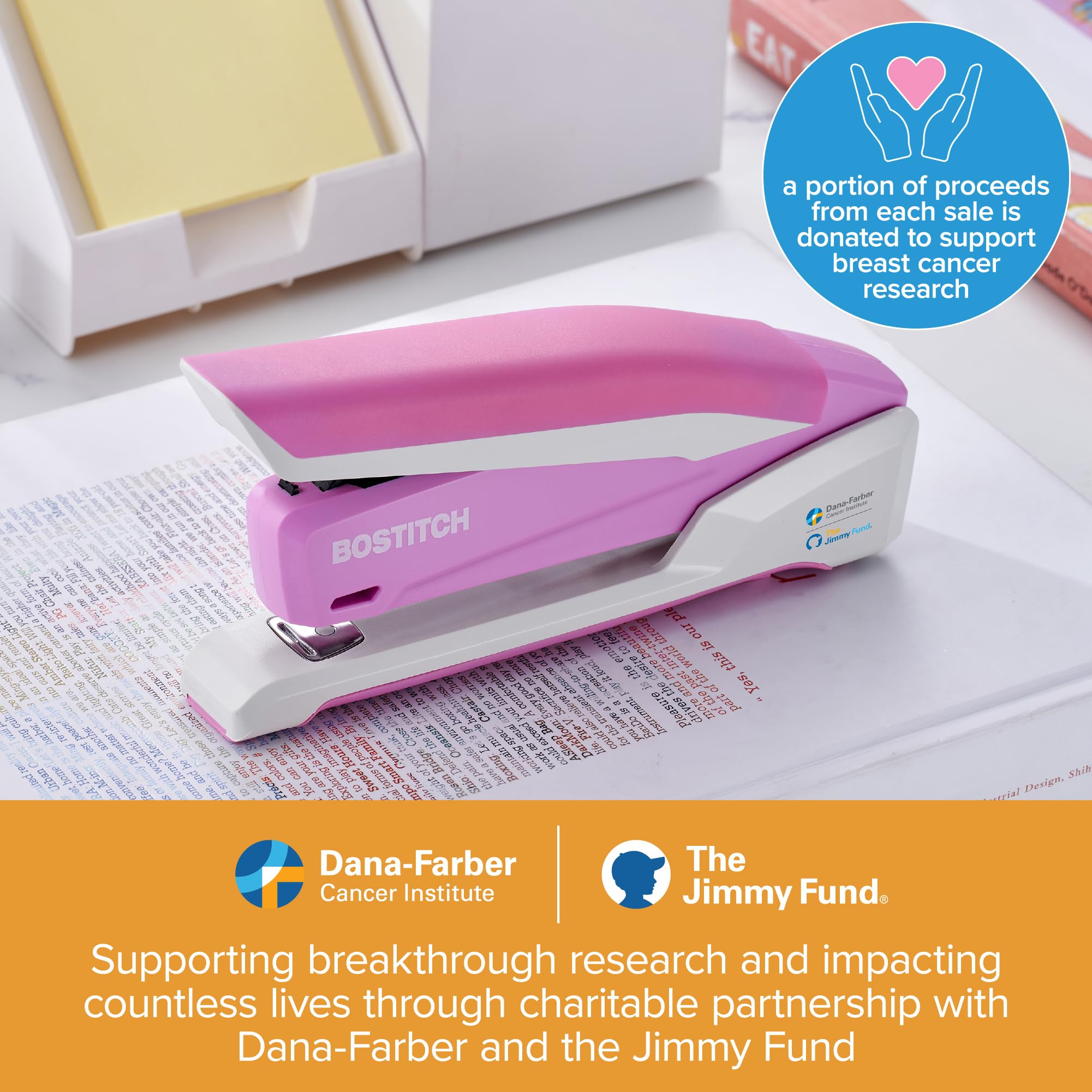 PaperPro inPOWER20 - 3 in 1 Stapler - One Finger, No Effort, Spring Powered Stapler, Breast Cancer Awareness Pink (1188)