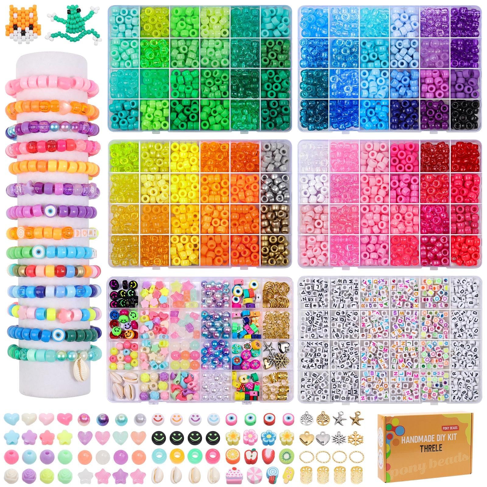 THRELE 4000pcs Pony Beads Friendship Bracelet Making Kit Included 96 Colors Kandi Bead,Letter Beads,Beads for Bracelet Making Kit DIY Crafts